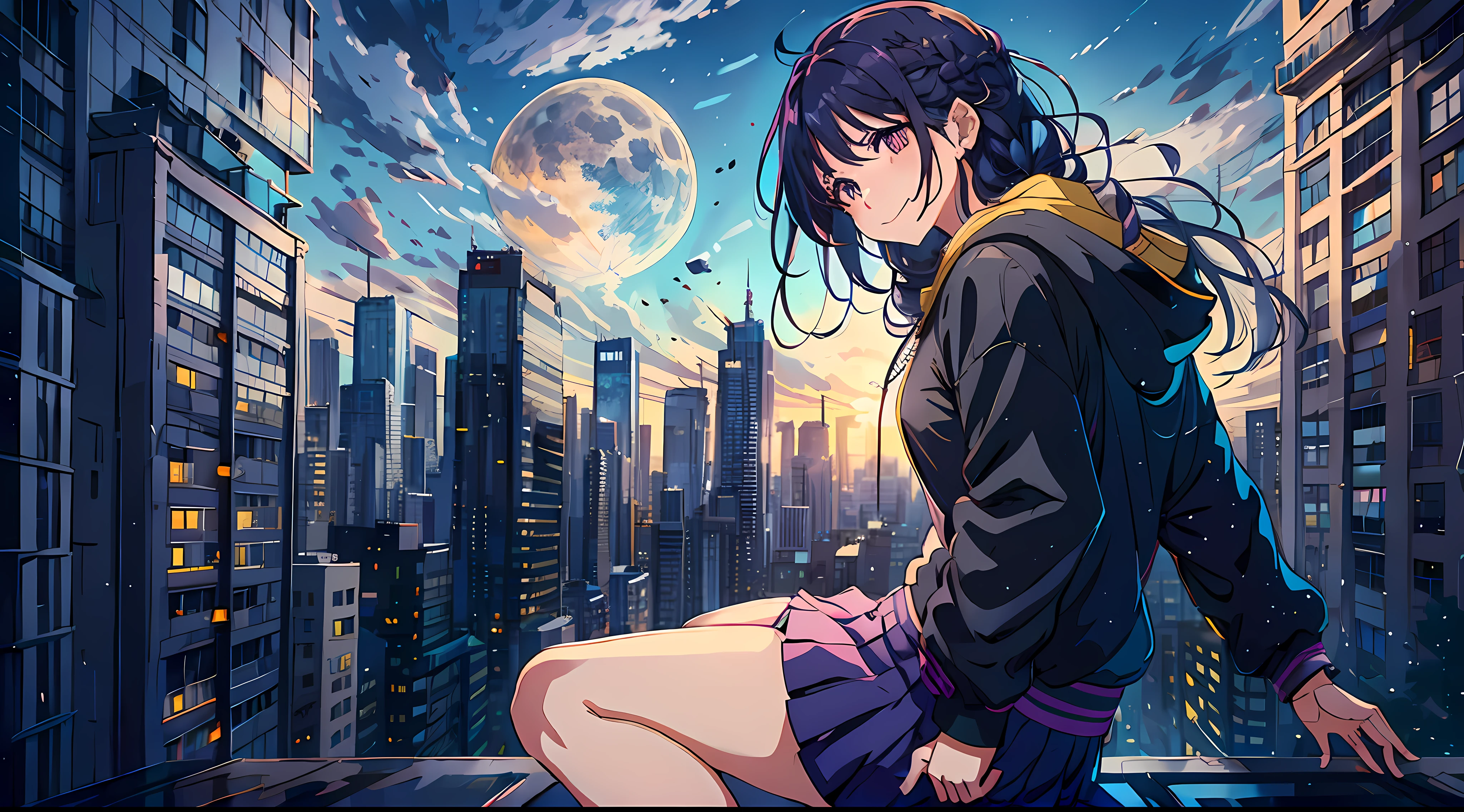 1girl, Smiling girl facing me, braid, long purple hair, modern hoodie, mini skirt, Converse shoes, modern city, on the edge of skyscape roof, noon, sun, blue sky, clouds, (taken from behind)), low angle, volumetric lights, 8K, top quality, sharp, detail, moon and sun, crystal clear night sky