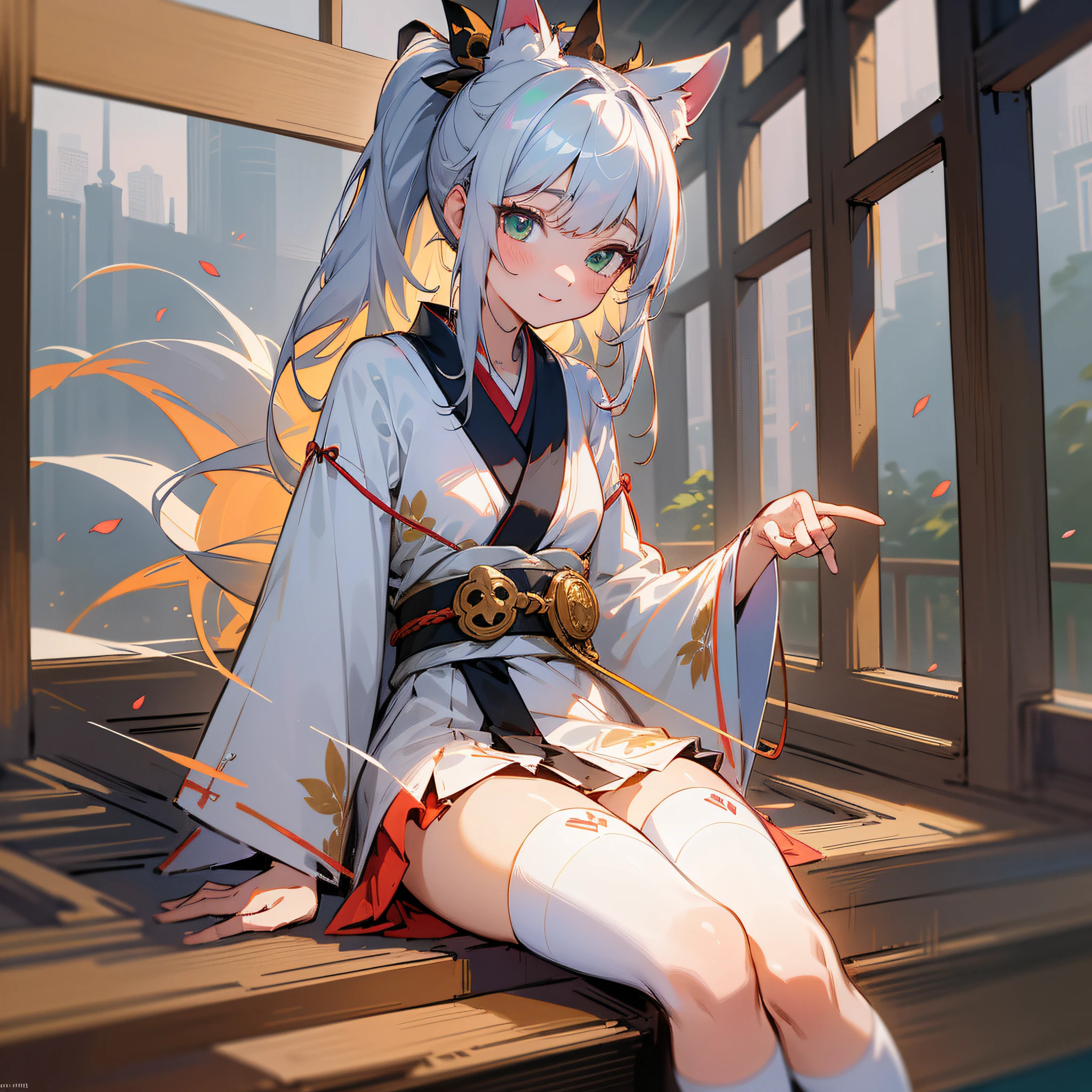 (Best Quality), Detailed background in Japanese style,, ((Masterpiece)), (((Best Quality))), (disheveled hair)), (1 girl), (Solo), (Solo), (Beautiful young beautiful white girl), (Full body), Dynamic angle, Beautiful detailed eyes, Hairs between eyes, (small head), (Cannon EOS 5D MARK III, Sigma f/1.4 Zeiss Lens, F1.4, 1/800s, ISO 100:1), NSFW, Masterpiece, Best Quality, Asymmetrical Bangs, Hair behind the ears, Hair on one eyebrow, Delicate facial features, 1 girl, Silver hair, Red Bridge hair, Eromanga, Urban_Fantasy, Alchemist, (((Cinematic Light)), Ultra detail, Top quality, Absurdity, High Resolution, (Highly detailed 8k wallpaper), ((Delicate and Beautiful)), pixiv, Ultra detail, Best anatomy, Illustration, No Human, ((Masterpiece)))), ((High Resolution)), ((High Quality)), (Complex Detail), (Fantasy), ((Detailed Shrine)), (Various Leaves of Colors), (Liquid), Best Shadow, Daylight, Hollow, Colorful, Pink Petals, Gold Leaves, (Blue Leaves), Lens Flares, Pastel Colors, Fox Ears Grown, Fox Tail Grows, Ponytail, Red Ribbon, smile, knee socks, absolute territory, mini skirt, white kimono, big, deep green eyes,