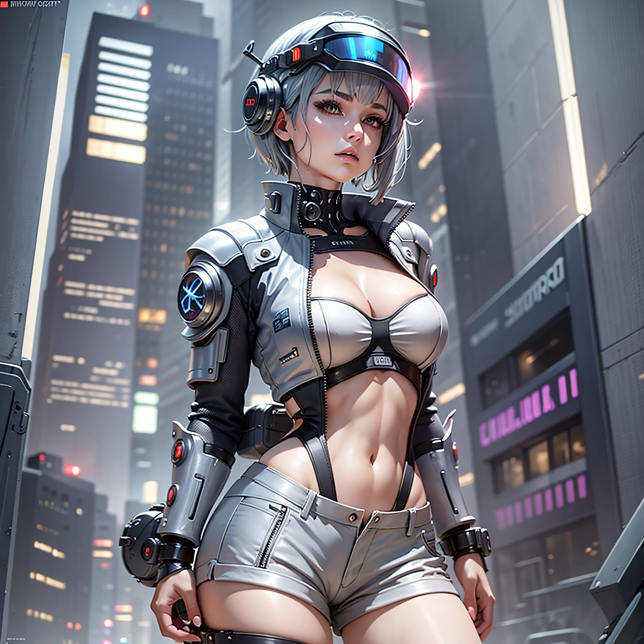 Beautiful woman in bare legs, short hair, shorts, gray hair, futuristic suit posing for photo, cyberpunk, cleavage, helmet