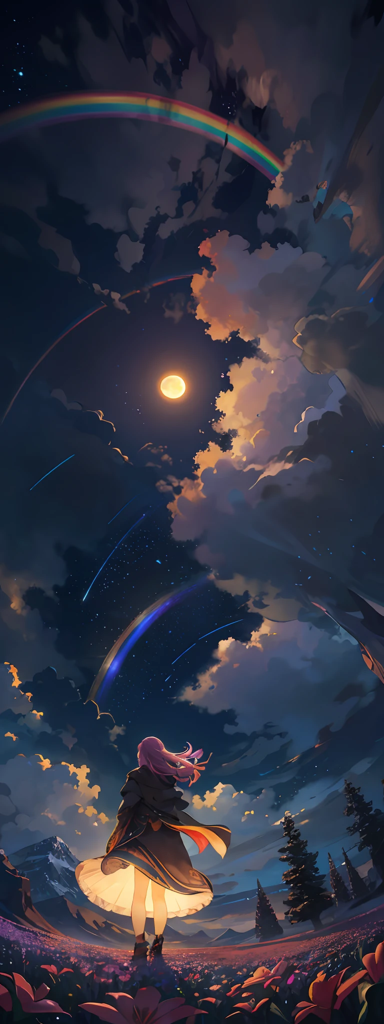 Vast landscape photo, (viewed from below, the sky is above and the open field is below), a girl standing on a flower field looking up, (full moon: 1.2), (meteor: 0.9), (nebula: 1.3), distant mountains , Trees BREAK Crafting Art, (Warm Light: 1.2), (Fireflies: 1.2), Lights, Lots of Purple and Orange, Intricate Details, Volumetric Lighting, Realism BREAK (Masterpiece: 1.2), (Best Quality), 4k, Ultra-Detailed, (Dynamic Composition: 1.4), Very Detailed, Colorful Details, (Rainbow Colors: 1.2), (Glow Lighting, Atmospheric Lighting), Dreamy, Magical, (Solo: 1.2)