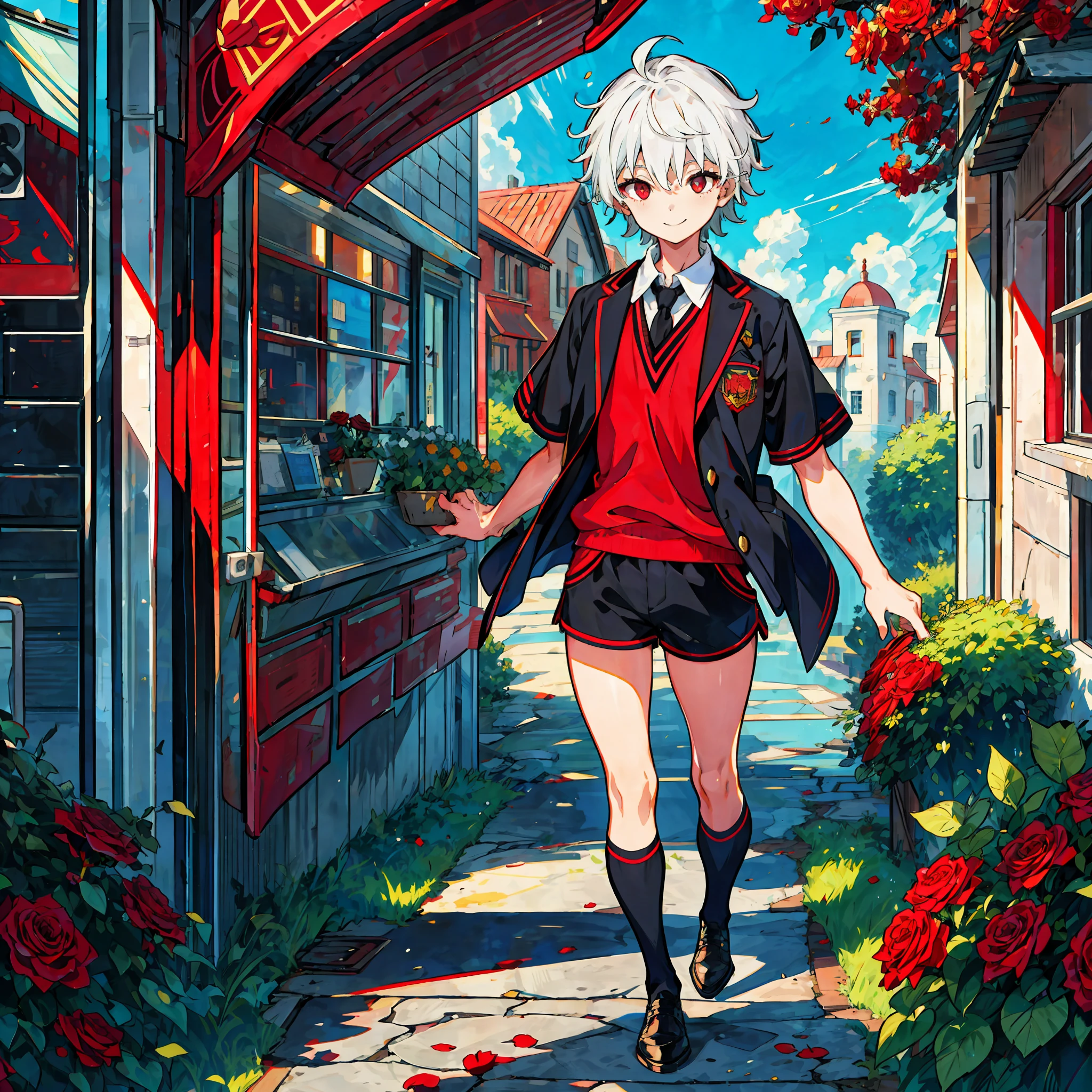 (high-quality, breathtaking),(expressive eyes, perfect face), short, young boy, short white hair, red eyes, smiling, black school uniform, wear short shorts, urban setting, sunshine, blue sky, shine, glow, red roses.