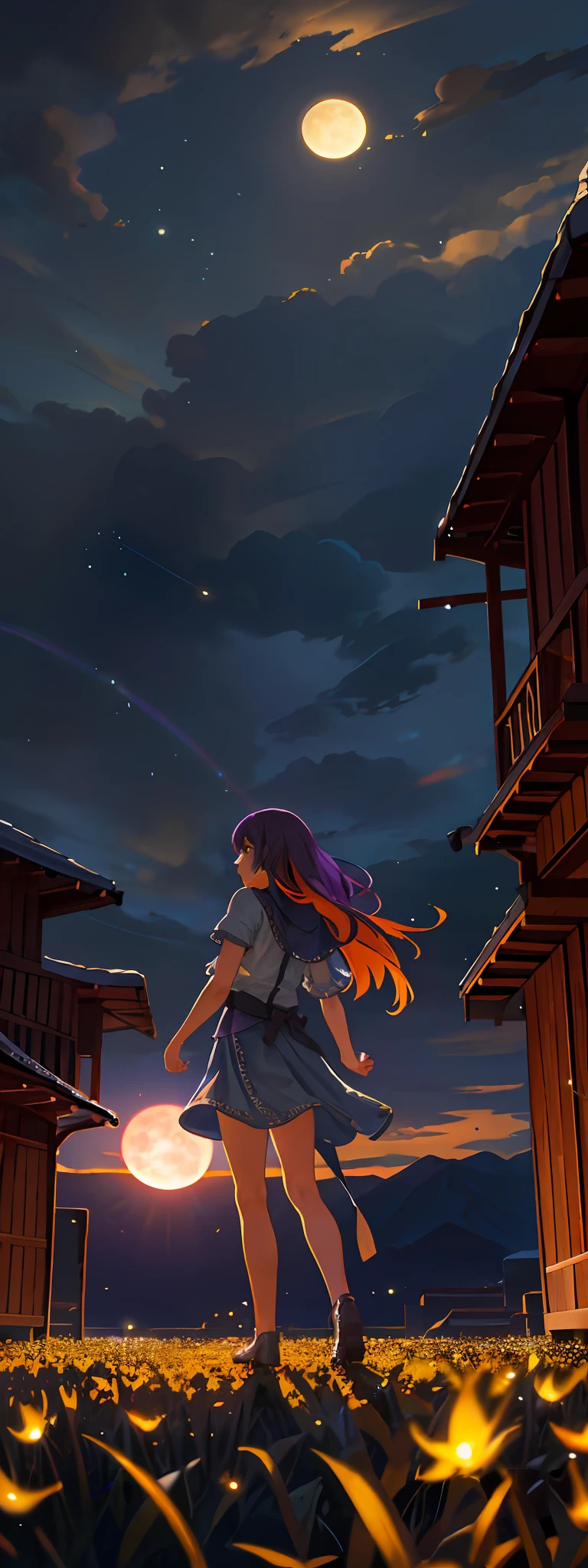 Vast landscape photo, (viewed from below, the sky is above and the open field is below), a girl standing on a flower field looking up, (full moon: 1.2), (meteor: 0.9), (nebula: 1.3), distant mountains , Trees BREAK Crafting Art, (Warm Light: 1.2), (Fireflies: 1.2), Lights, Lots of Purple and Orange, Intricate Details, Volumetric Lighting, Realism BREAK (Masterpiece: 1.2), (Best Quality), 4k, Ultra-Detailed, (Dynamic Composition: 1.4), Very Detailed, Colorful Details, (Rainbow Colors: 1.2), (Glow Lighting, Atmospheric Lighting), Dreamy, Magical, (Solo: 1.2)