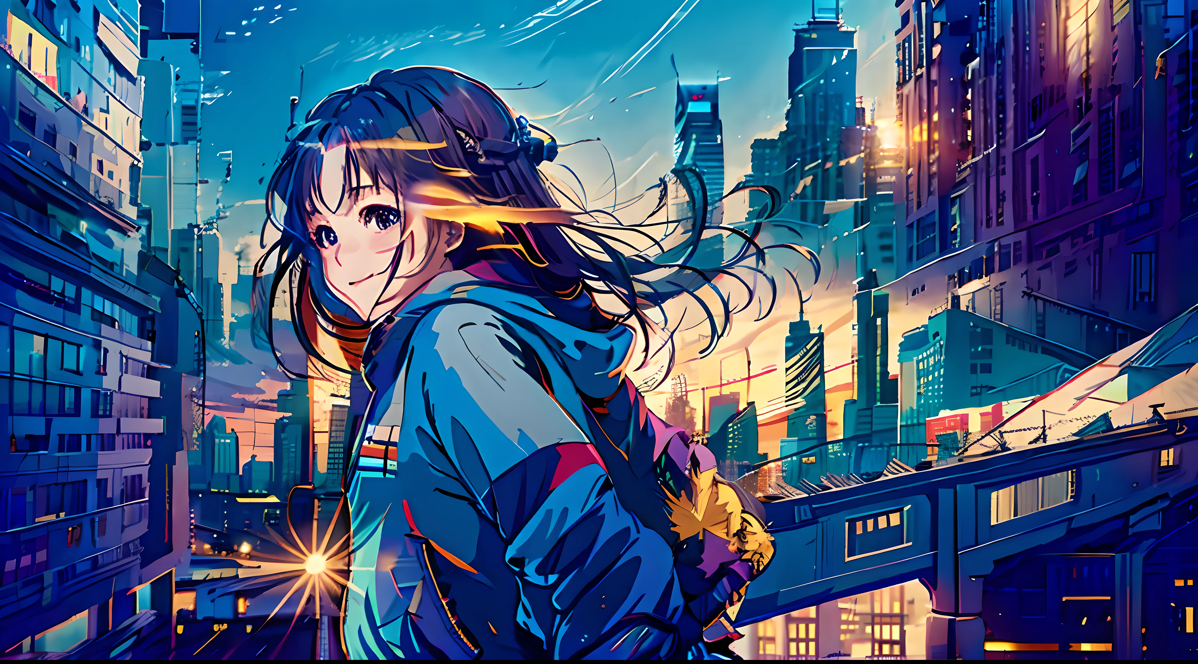 1girl, Smiling girl facing me, braid, long purple hair, modern hoodie, mini skirt, Converse shoes, modern city, on the edge of skyscape roof, noon, sun, blue sky, clouds, (taken from behind)), low angle, volumetric lights, 8K, top quality, sharp, detail, moon and sun, crystal clear night sky