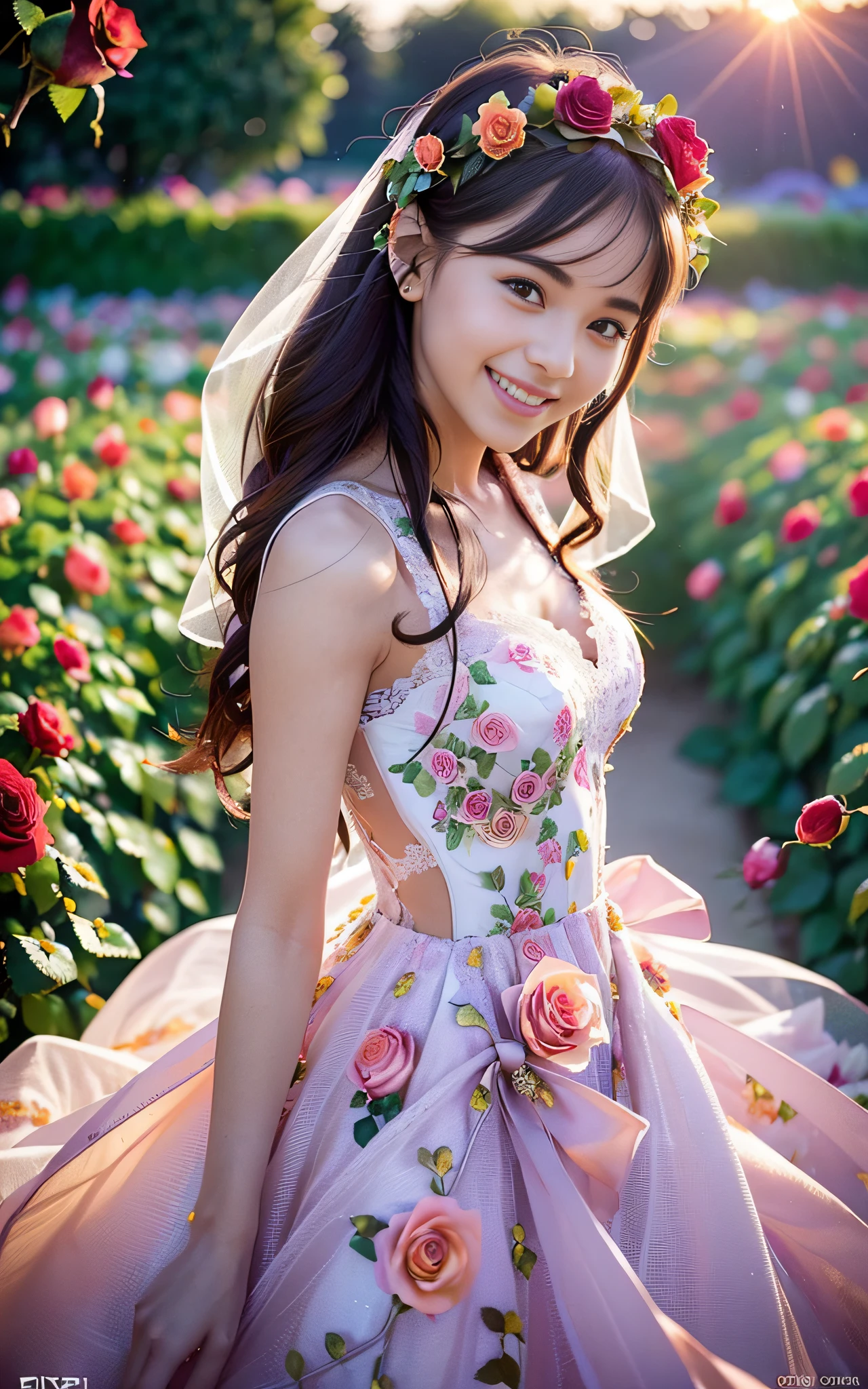 ((((Depth of field))),((((Sunset backlit),((Slim body)))),20 years old, twilight rays, lace wedding dress, flower crown, (((Rose tunnel))), rose front blur, bokeh, photorealistic, surrounded by colorful roses, ((smiling)))))), (mouth closed)))),(1 girl), ( Sunset:1.3), (8k, RAW photography, best quality, masterpiece:1.2), (realistic, photorealistic:1.37), best quality, ultra high resolution,(standing in a flower garden:1.3), (vivid and colorful:1.3)