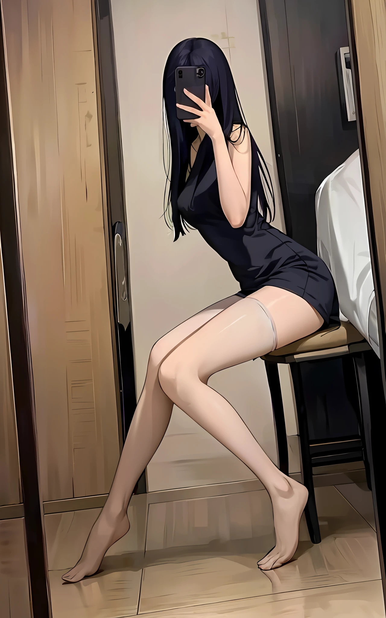 (RAW photo, best quality), (realistic, photo-realistic:1.4),
masterpiece, extremely delicate and beautiful,Amazing, finely detail, extremely detailed CG unity 8k wallpaper, huge filesize, ultra-detailed, highres, absurdres, soft light,rim light, vibrant details,
((perfect hand:1.2)), 
Take a selfie with phone in one hand and cover face,
1girl,very slim legs, very thin legs, very slender legs, long legs, very detailed legs, 
[standing|on chair|sitting|butterfly sitting],
[stockings|pantyhose|thighhighs|kneehighs], 
iphone, selfie, pose,small hand, purple eyes, 
p_m_s, hinata/(boruto/), long hair, dark blue hair, blunt bangs