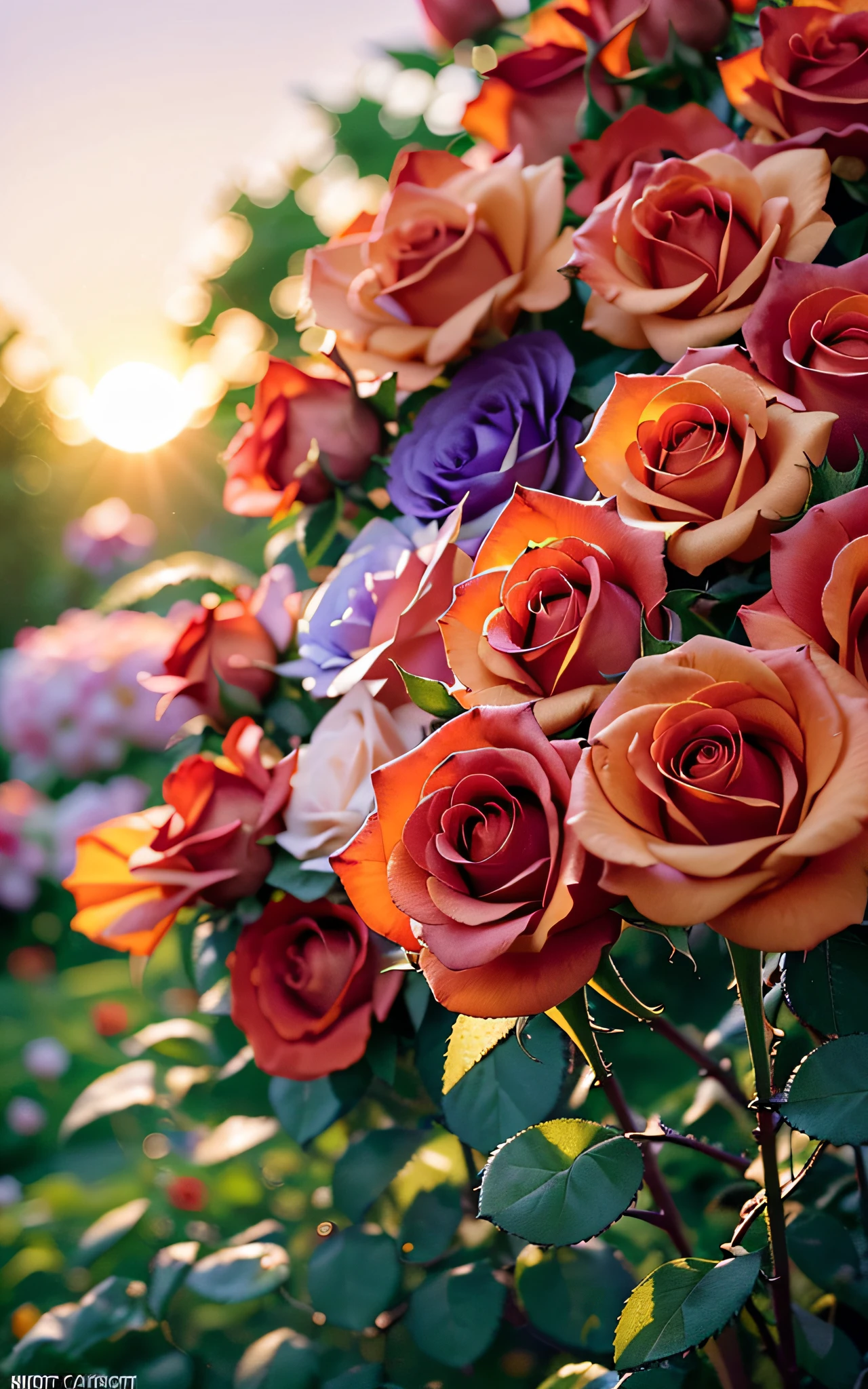 ((((Depth of field))),((((Sunset backlit),((Slim body)))),20 years old, twilight rays, lace wedding dress, flower crown, (((Rose tunnel))), rose front blur, bokeh, photorealistic, surrounded by colorful roses, ((smiling)))))), (mouth closed)))),(1 girl), ( Sunset:1.3), (8k, RAW photography, best quality, masterpiece:1.2), (realistic, photorealistic:1.37), best quality, ultra high resolution,(standing in a flower garden:1.3), (vivid and colorful:1.3)