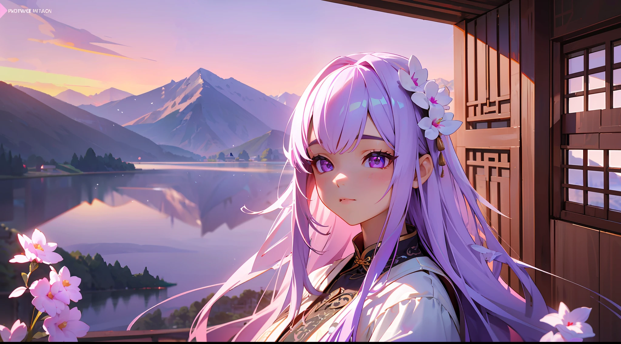 Girl, white purple gradient long hair, hair with flowers, mountains, lake, sunset, Chinese cabin, movie lighting, bright light purple eyes, facing the lens, high resolution, delicate facial features, front lighting, 3D, 8K, extremely delicate illustrations, intricate and meticulous details, extremely high quality