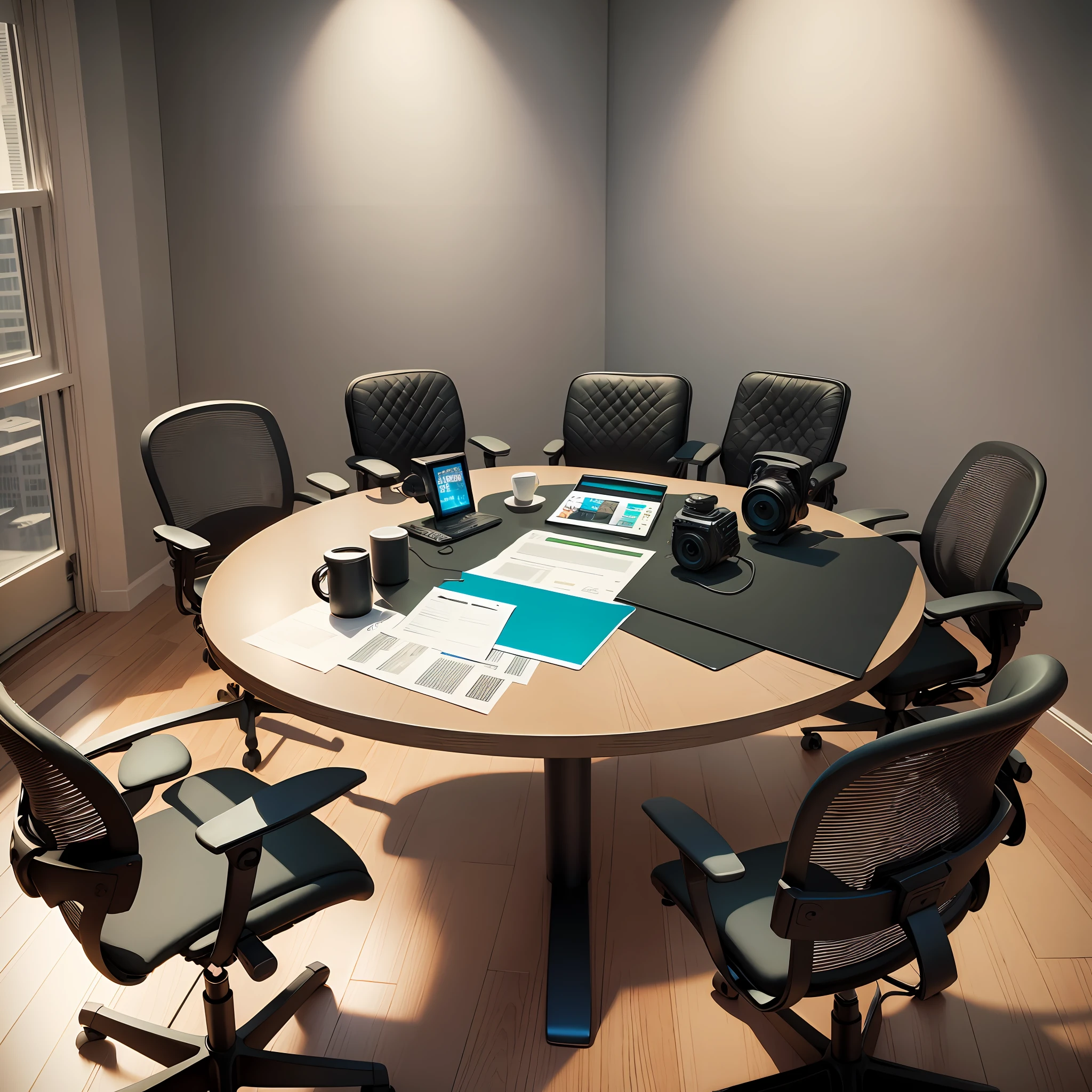 Podcast studio, round table, two microphones, computers, headphones, chairs, papers on the table, pencils --auto --s2
