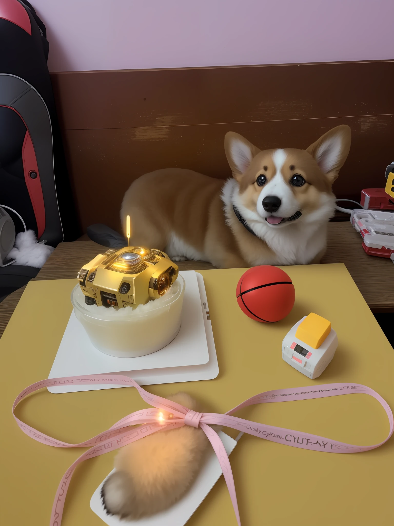 a crisp photograph of a cute cybernetic corgi puppy, (cyborg:1.4), (intricate details), hdr, (intricate details, hyperdetailed:1.2), cinematic shot, centered, stark lighting, looking away from camera, hyperrealism hyperdetailed fur, real dog fur, Fujifilm XT3