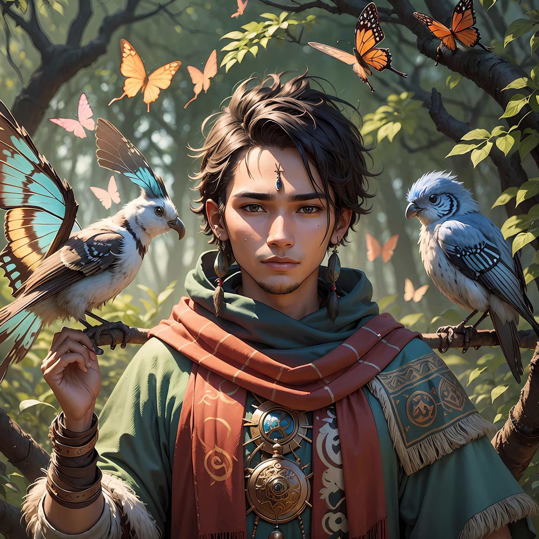 A young indigenous man as a druid magician, wild clothes, bird perched on his shoulder, butterflies flying --auto --s2