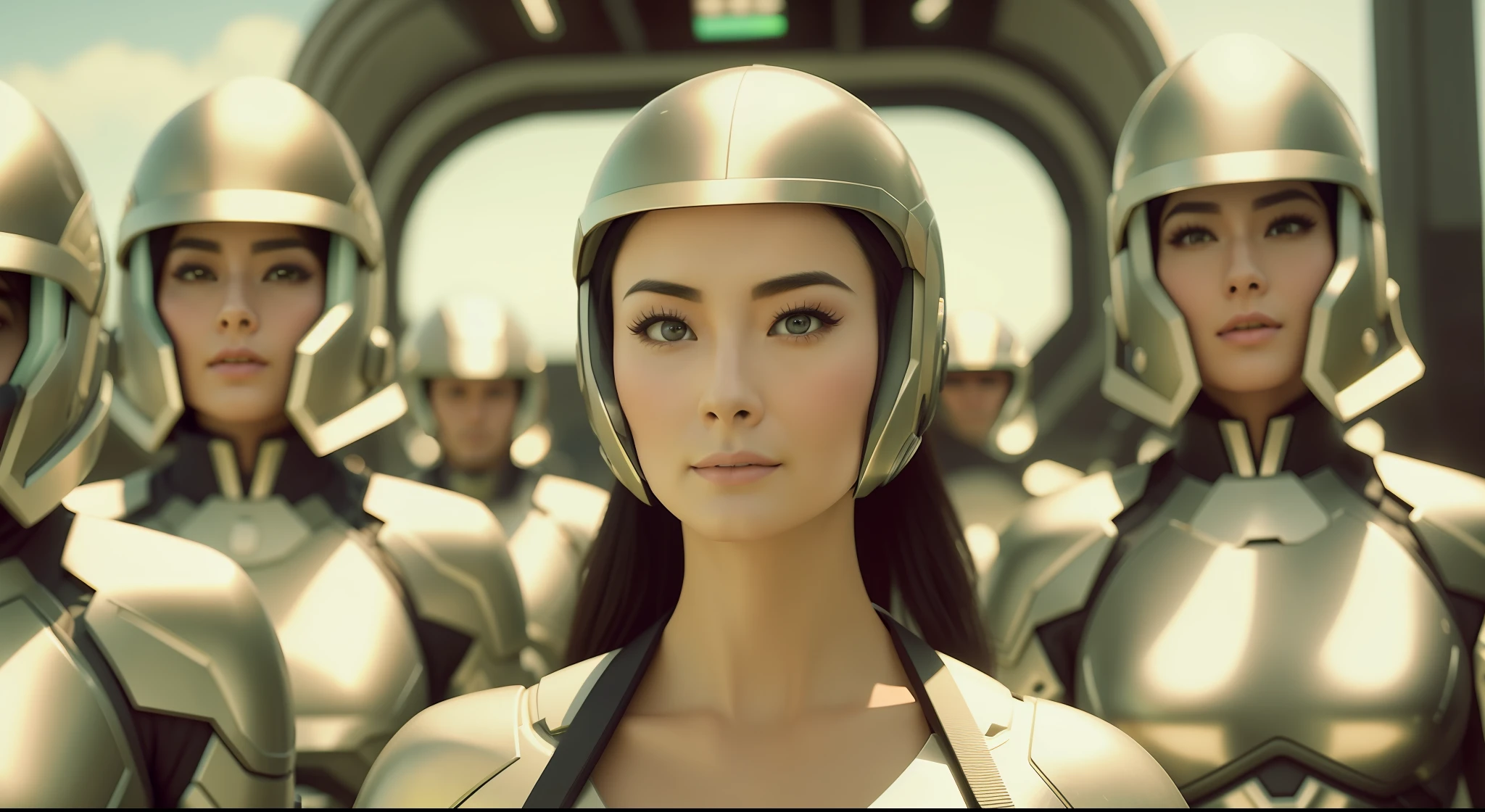 a woman (Cara Gee) with a helmet standing in front of a group of men, a screenshot by Koloman Sokol, cgsociety, retrofuturism, sci-fi, futuristic, fantasy