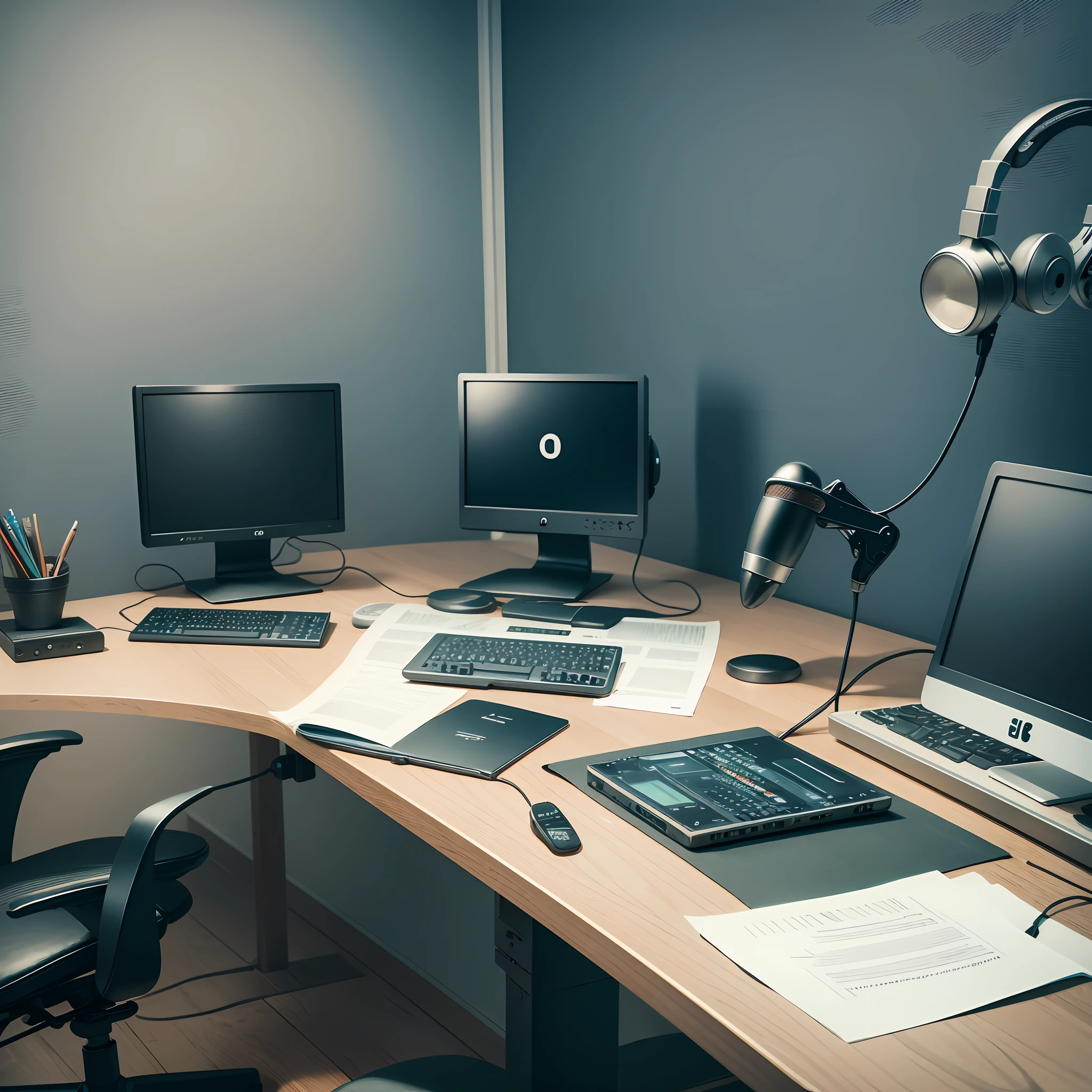 Podcast studio, round table, two microphones, computers, headphones, chairs, papers on the table, pencils --auto --s2