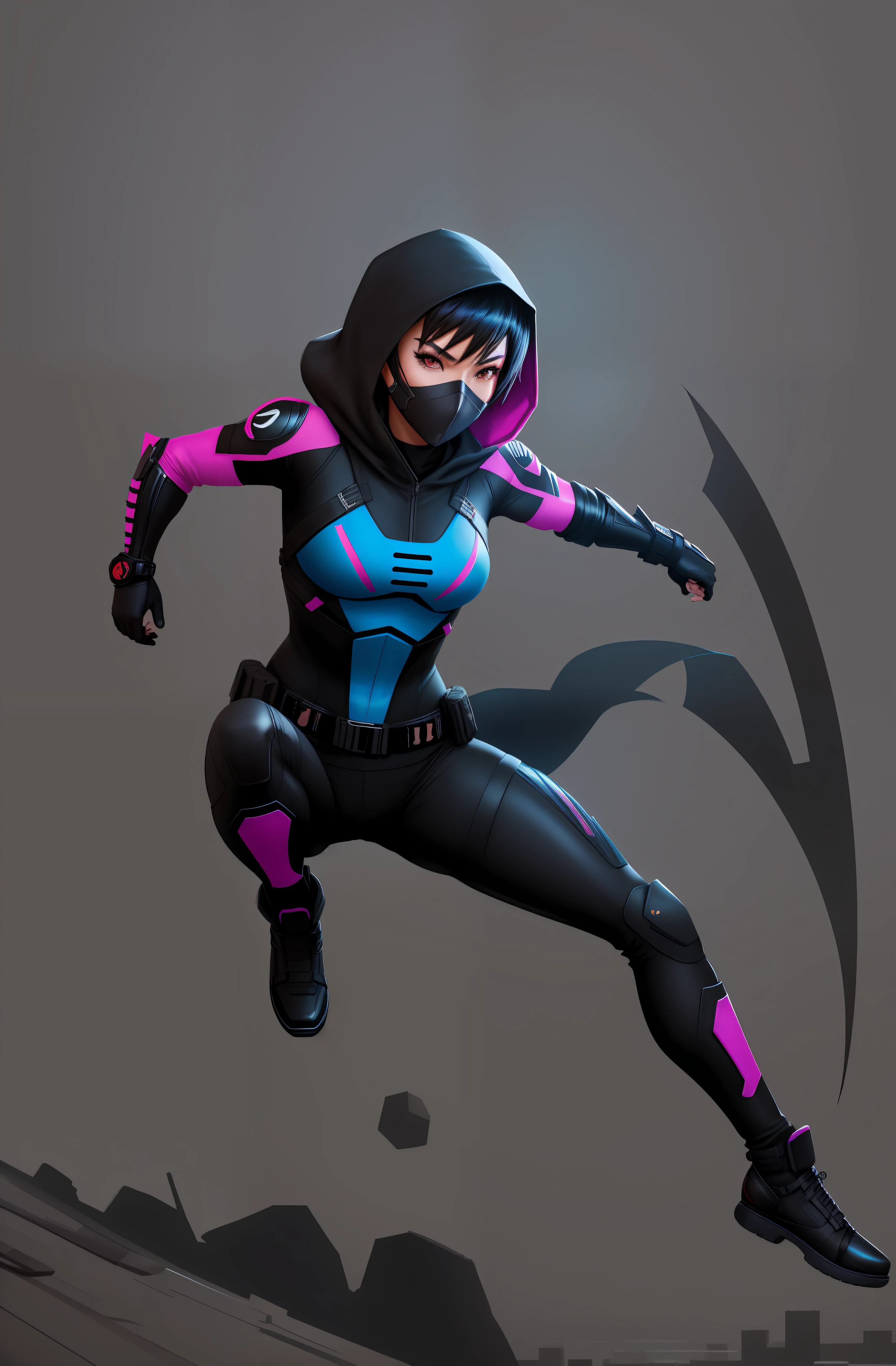 stealthy ninja superheroine, asian woman with short black hair, brown eyes, confident look, wearing hood and mouth mask, urban ninja, trans woman, tgirl, her costume is black and has few blue and pink details, small breasts, cool, cute