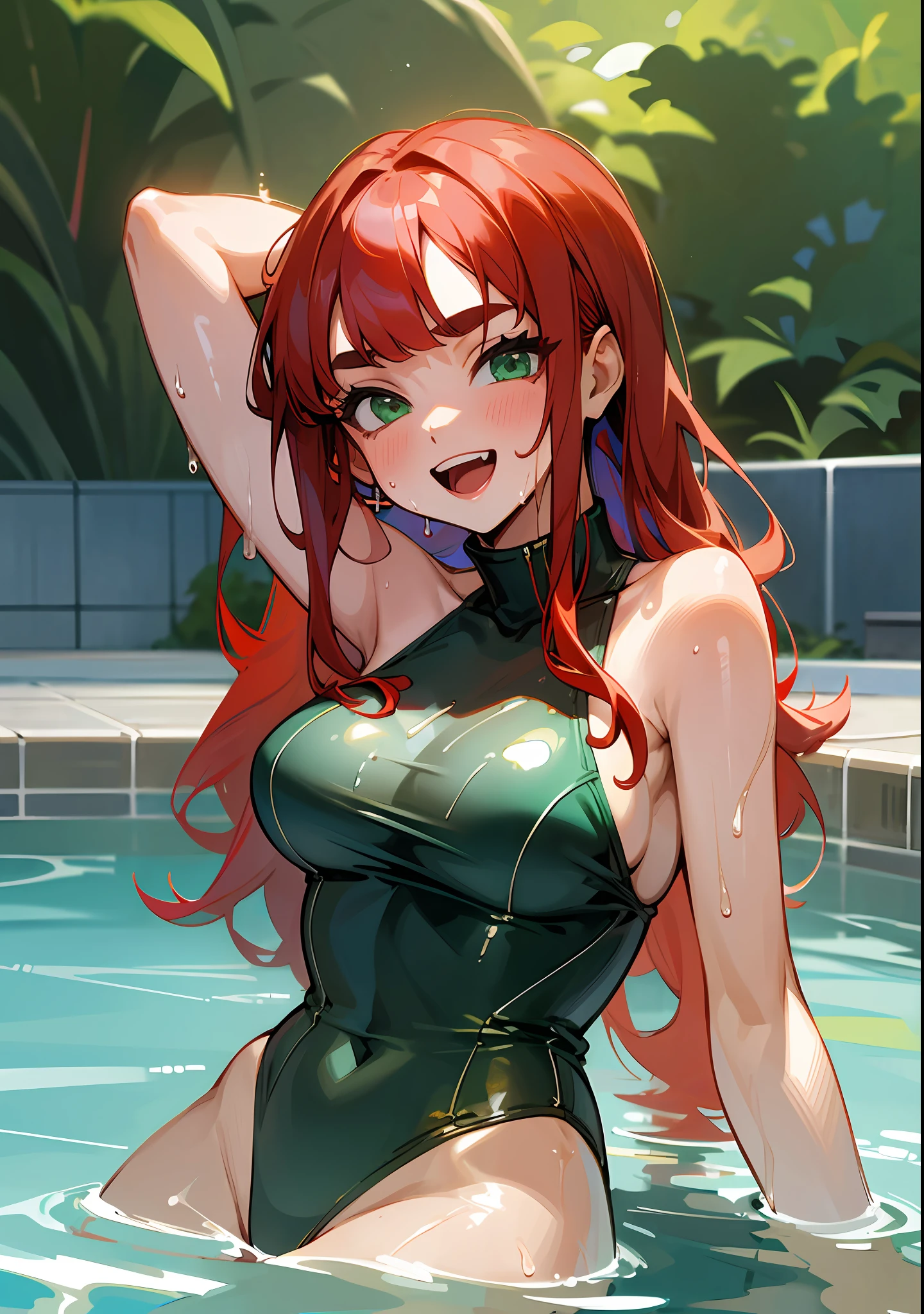 masterpiece, best quality, hi-res ,, one girl, solo, green eyes, long hair, red hair,, bangs, eyebrows, one-piece swimsuit, poolside, open mouth, smile, wet, --auto --s2