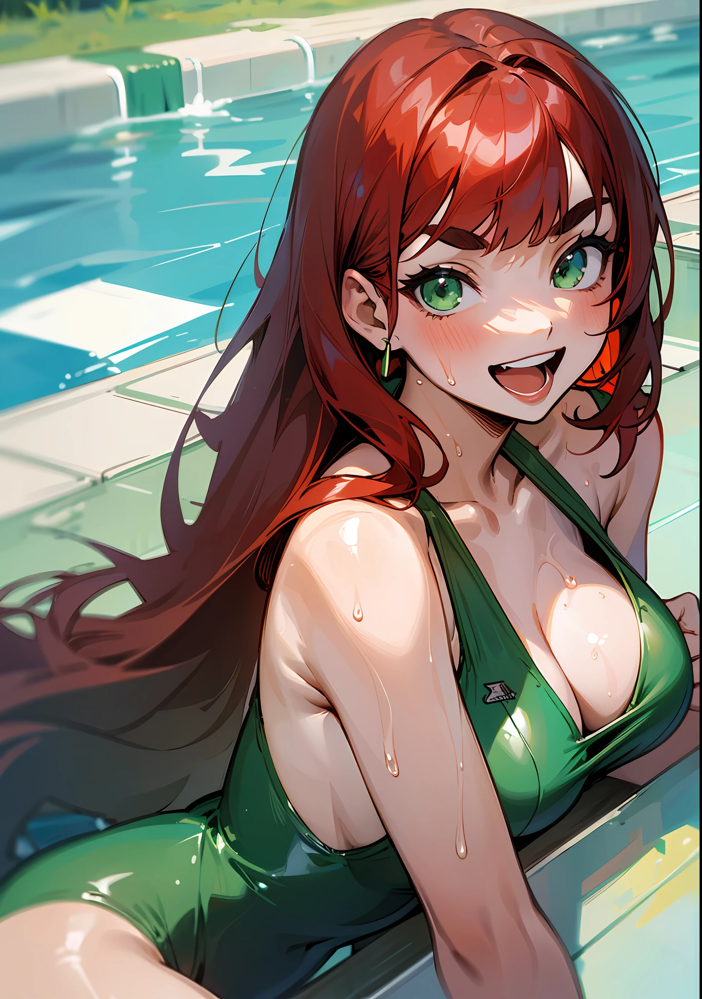masterpiece, best quality, hi-res ,, one girl, solo, green eyes, long hair, red hair,, bangs, eyebrows, one-piece swimsuit, poolside, open mouth, smile, wet, --auto --s2