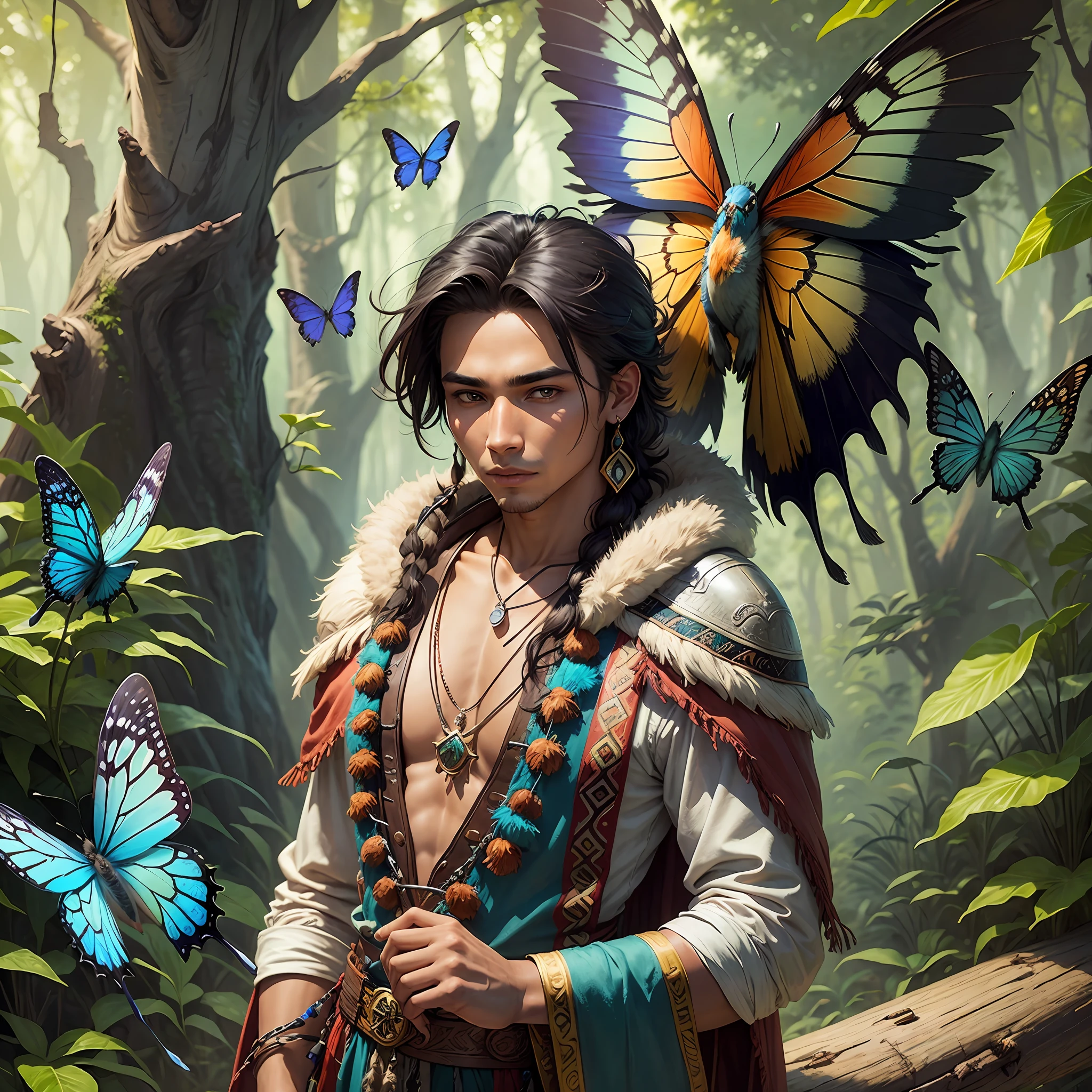 A young indigenous man as a druid magician, wild clothes, bird perched on his shoulder, butterflies flying --auto --s2