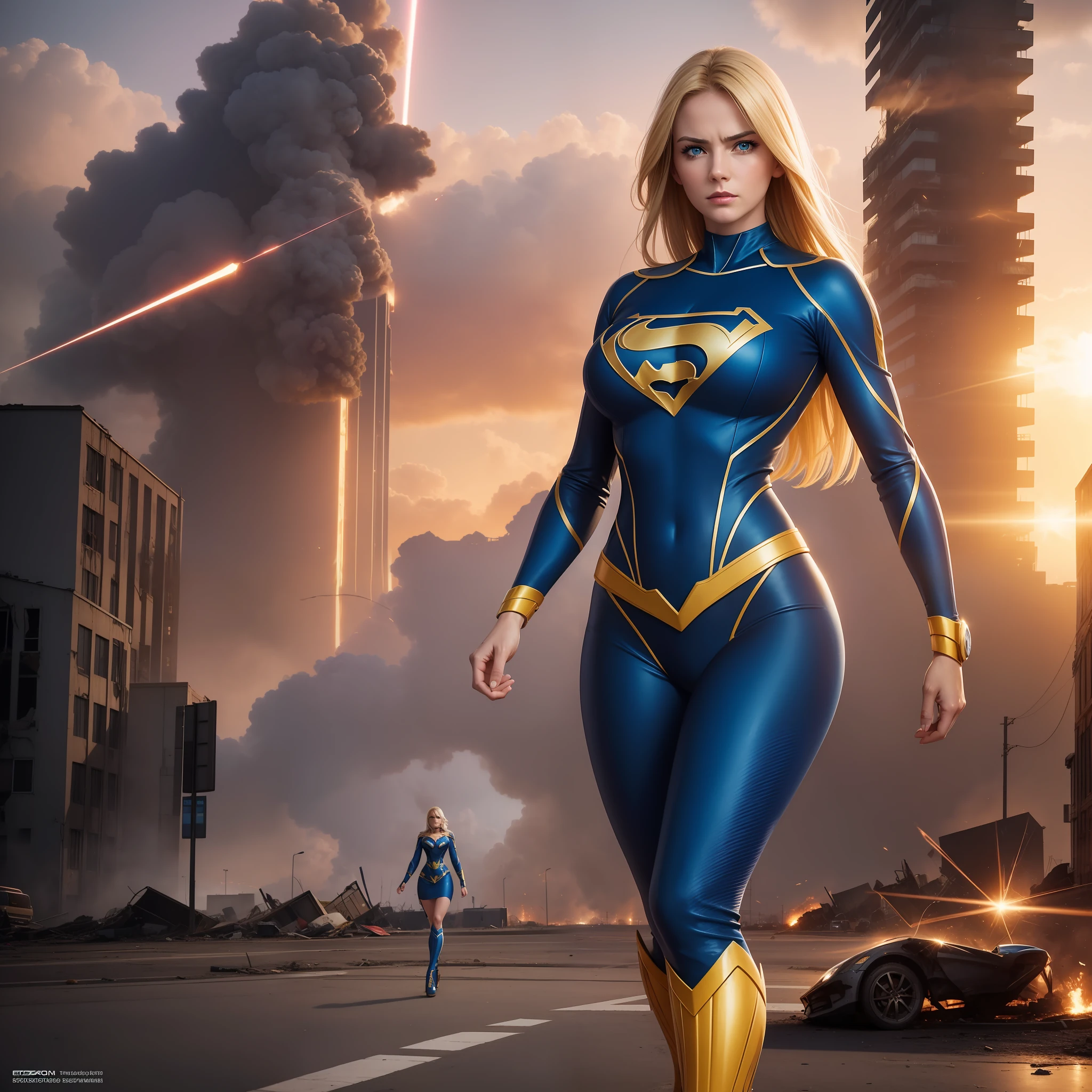 one beautiful european woman in blue and yellow superhero suit, photo of sassy woman with angry look, blonde hair, large breasts, nice legs, superhero pose, standing in ruined city at sunset, hyperdetailed, smoke, sparks, sunlight, (8k), realistic, symmetrical, award-winning, cinematic lightning, soaked, film, 75mm, scratches, full body shot, torn and dirty clothes, detailed face