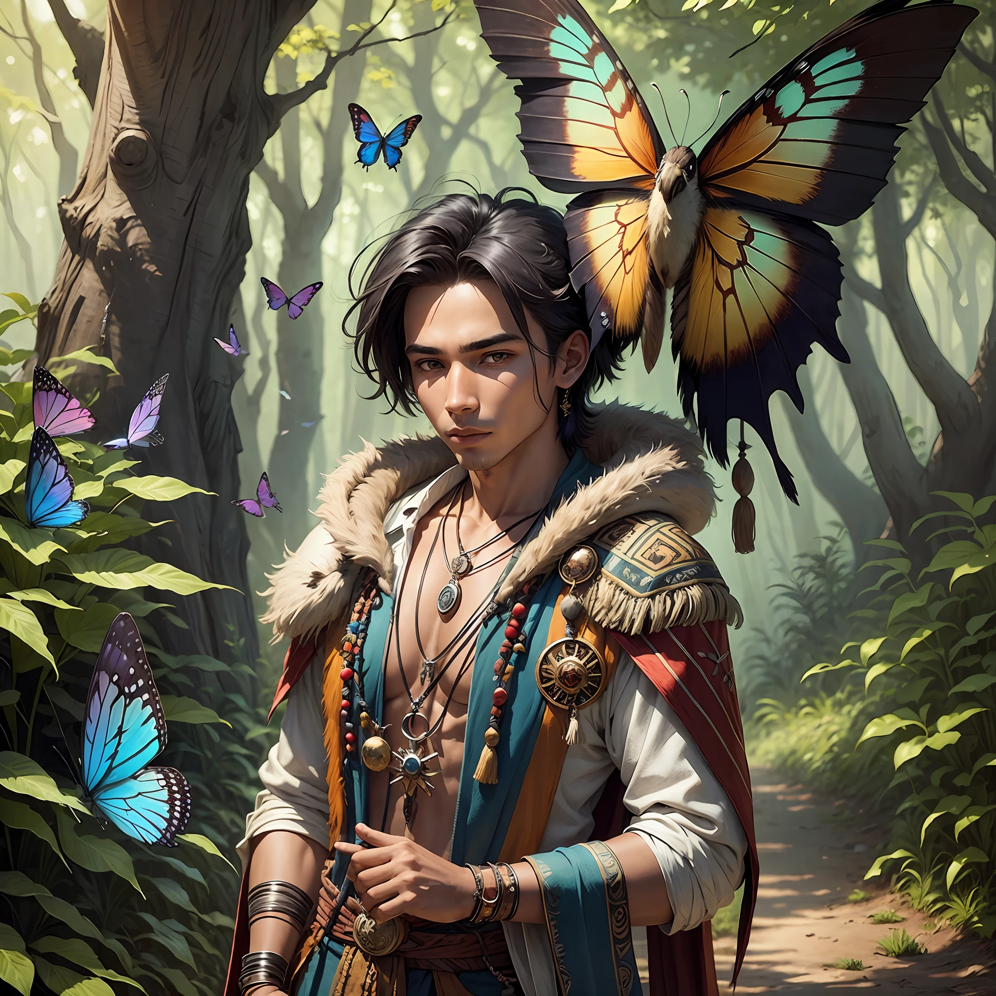 A young indigenous man as a druid magician, wild clothes, bird perched on his shoulder, butterflies flying --auto --s2