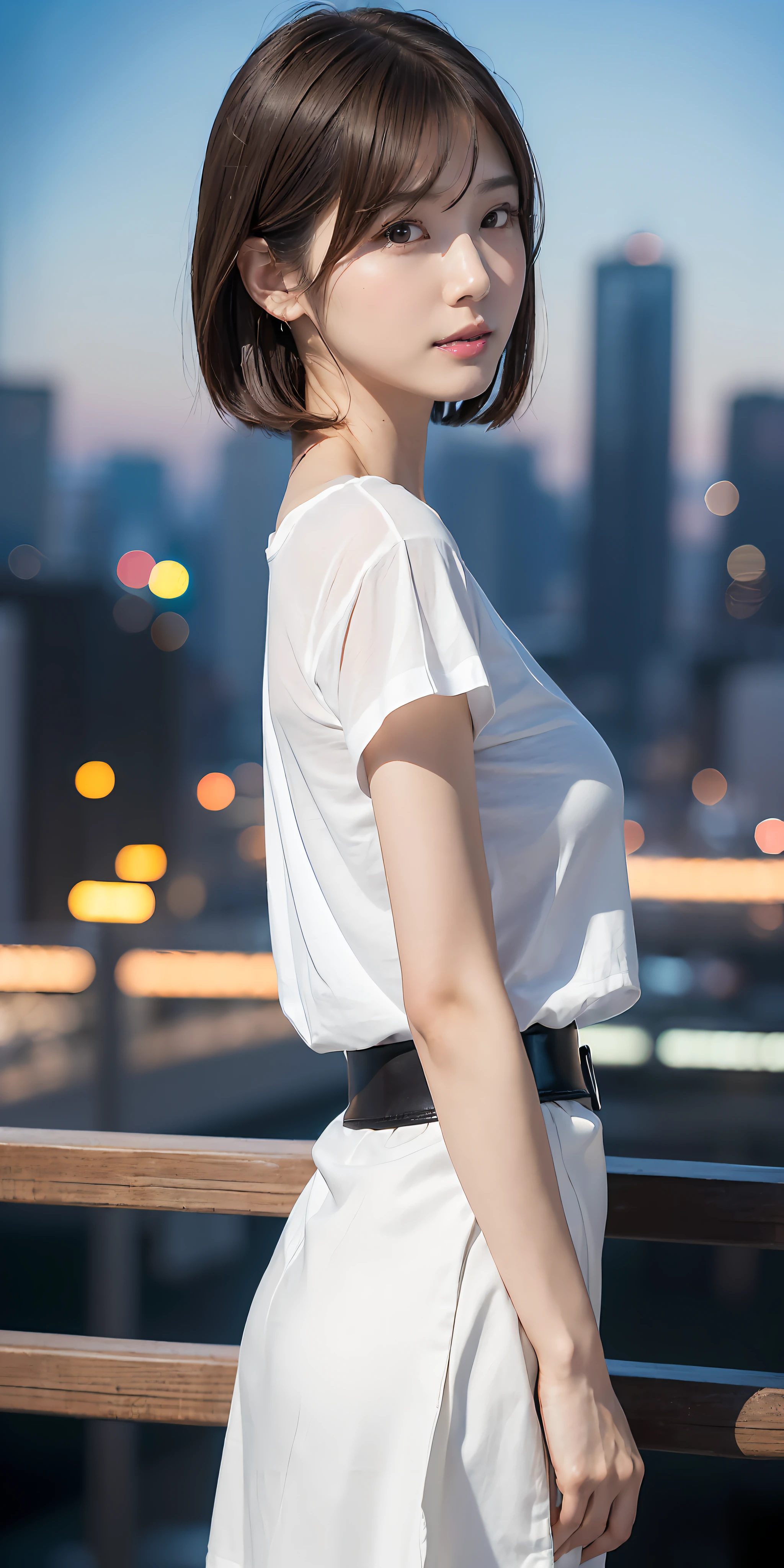 (((((Mai Shiraishi, white T-shirt, dark black skirt, cowboy shot, side view, looking ahead, arched back, arms behind head, dark brown very short hair, gigantic breasts, standing, wind)))))((( masterpiece, best quality, highly detailed, absurdres, RAW photo, ultra high resolution)))), highly detailed face and skin texture, detailed eyes, clear focus, an asian young and beautiful girl, white skin, real human skin, oval face, pores, gentle and goddess-like eyes, lip gloss, eyelashes, Gloss Face, Wide Lighting, Natural Shading, Small Waist, Slender Body, Slight Smile, Clear Facial Features, Beautiful Face, Double Eyelids, Sagging Eyes, Night Cityscape