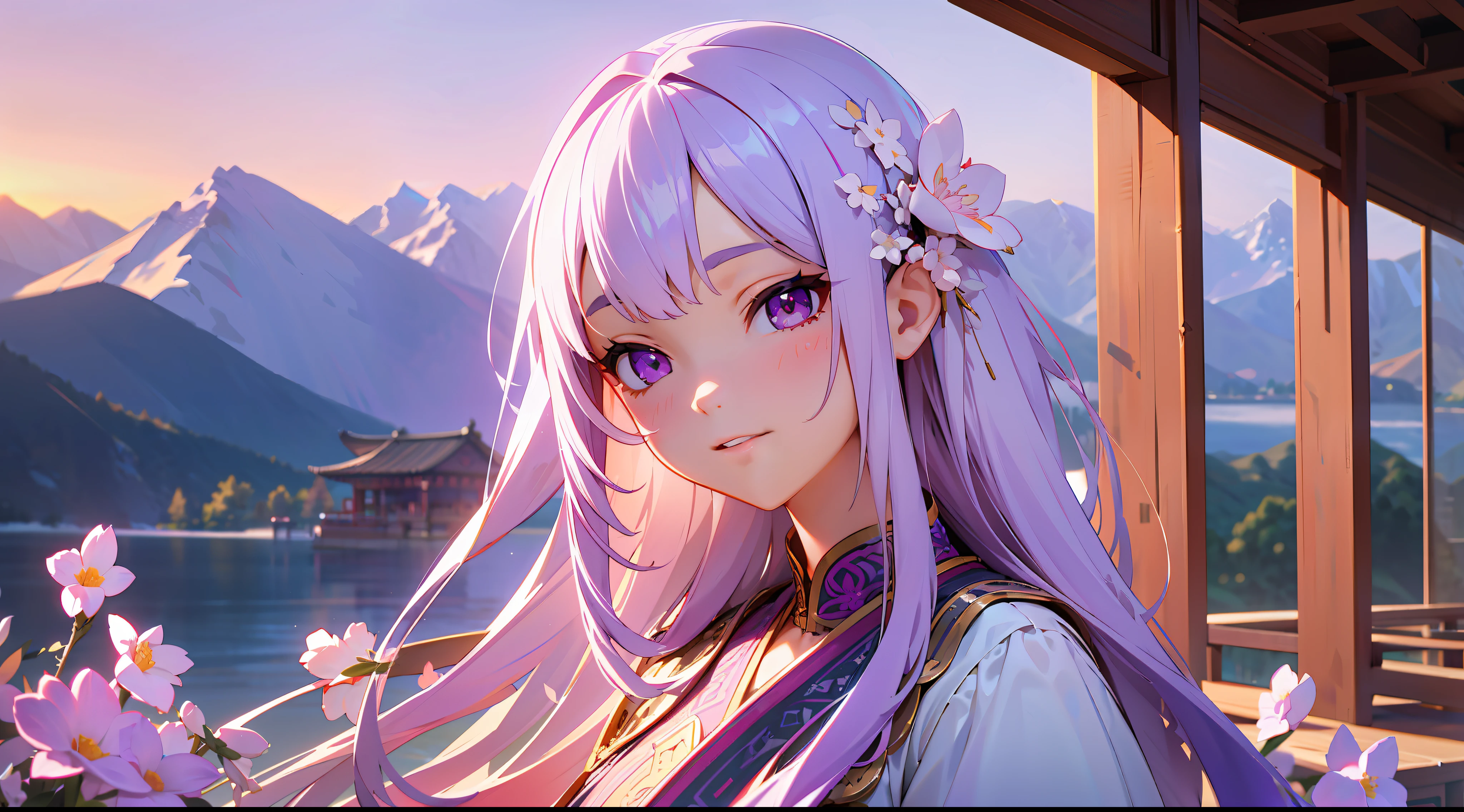 Girl, white purple gradient long hair, hair with flowers, mountains, lake, sunset, Chinese cabin, movie lighting, bright light purple eyes, facing the lens, high resolution, delicate facial features, front lighting, 3D, 8K, extremely delicate illustrations, intricate and meticulous details, extremely high quality