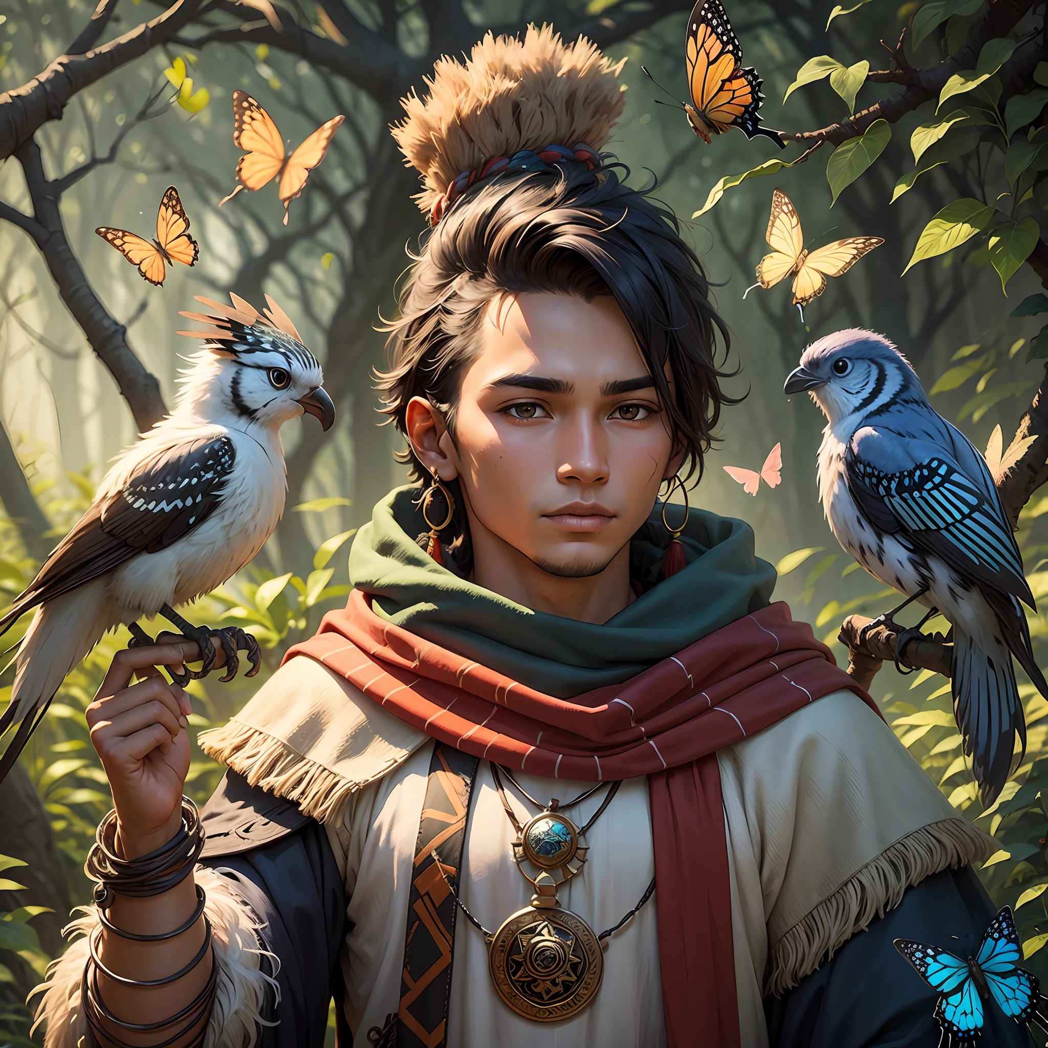 A young indigenous man as a druid magician, wild clothes, bird perched on his shoulder, butterflies flying --auto --s2