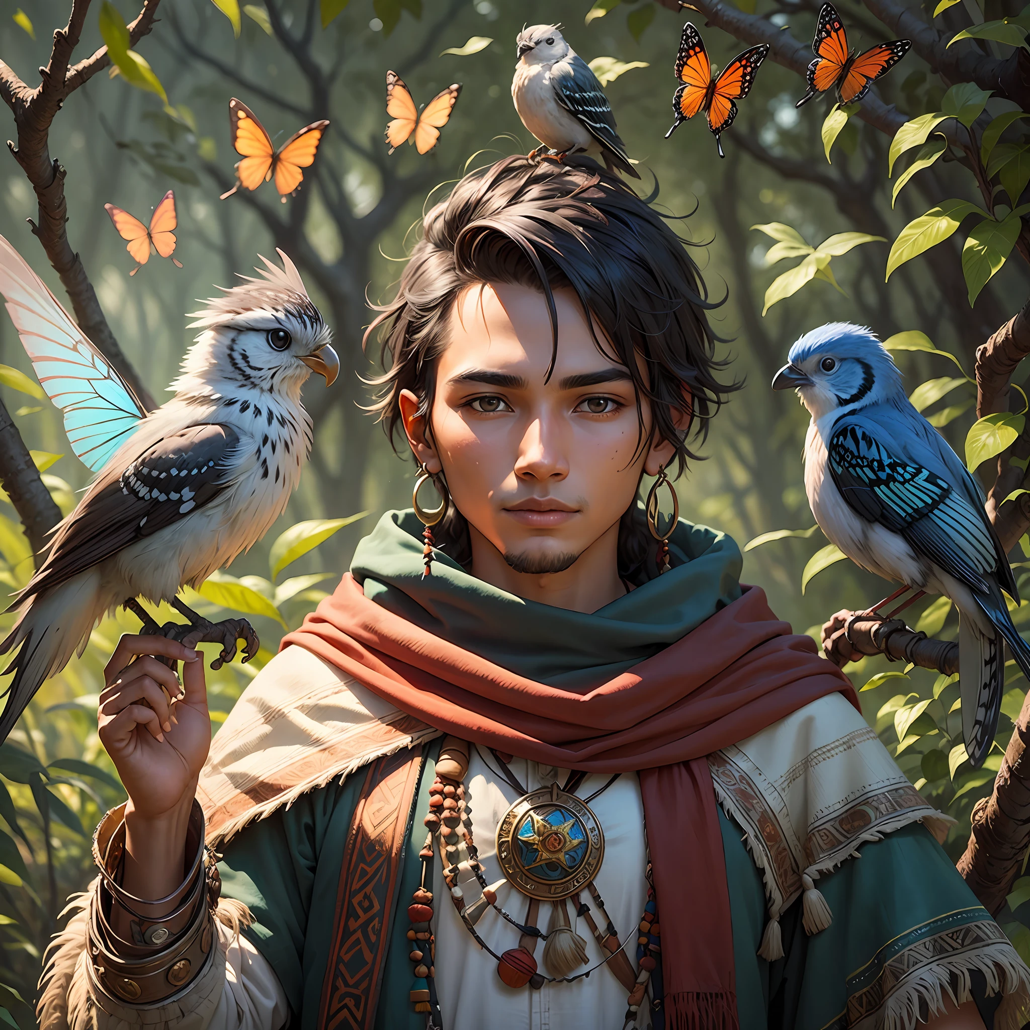 A young indigenous man as a druid magician, wild clothes, bird perched on his shoulder, butterflies flying --auto --s2