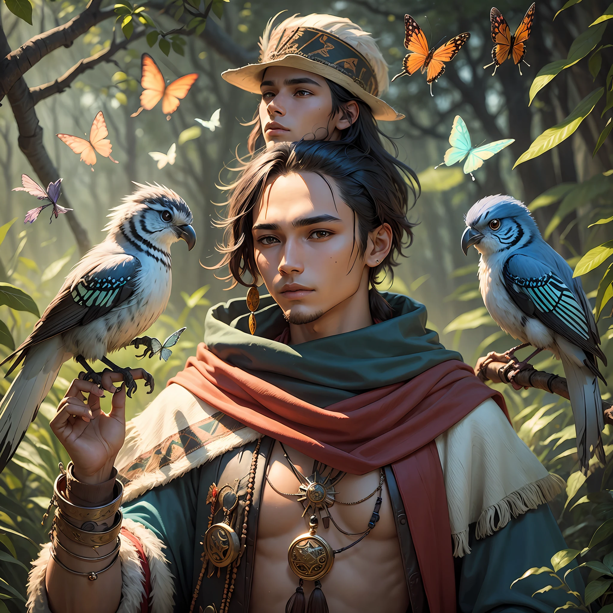 A young indigenous man as a druid magician, wild clothes, bird perched on his shoulder, butterflies flying --auto --s2