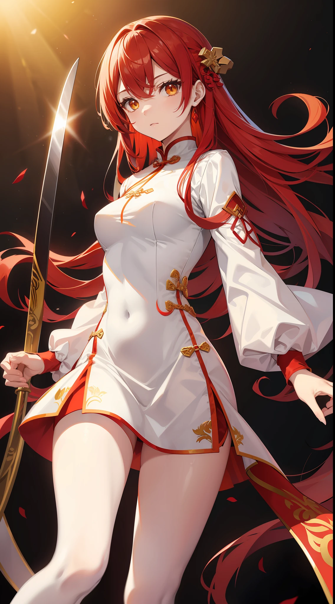 Young girl, long red hair, yellow eyes, white and red Chinese dress, tight dress, tight sleeves, tights, shorts, Chinese sword, masterpiece, high quality