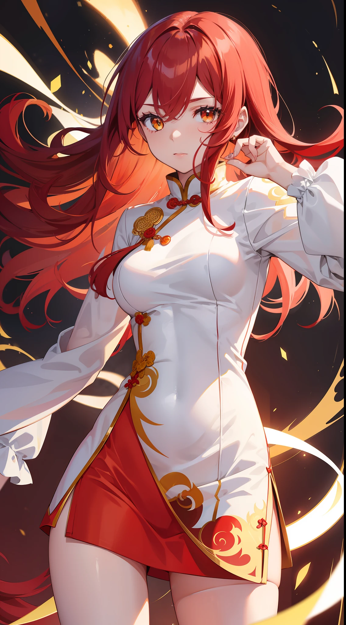Young girl, long red hair, yellow eyes, white and red Chinese dress, tight dress, tight sleeves, tights, shorts, Chinese sword, masterpiece, high quality