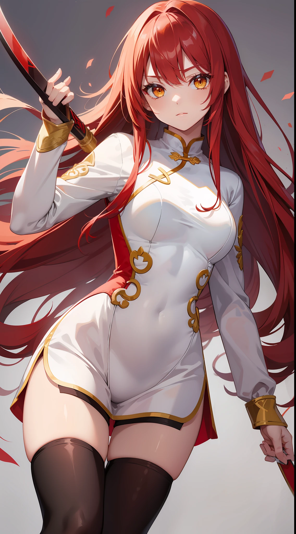 Young girl, long red hair, yellow eyes, white and red Chinese dress, tight dress, tight sleeves, tights, shorts, Chinese sword, masterpiece, high quality