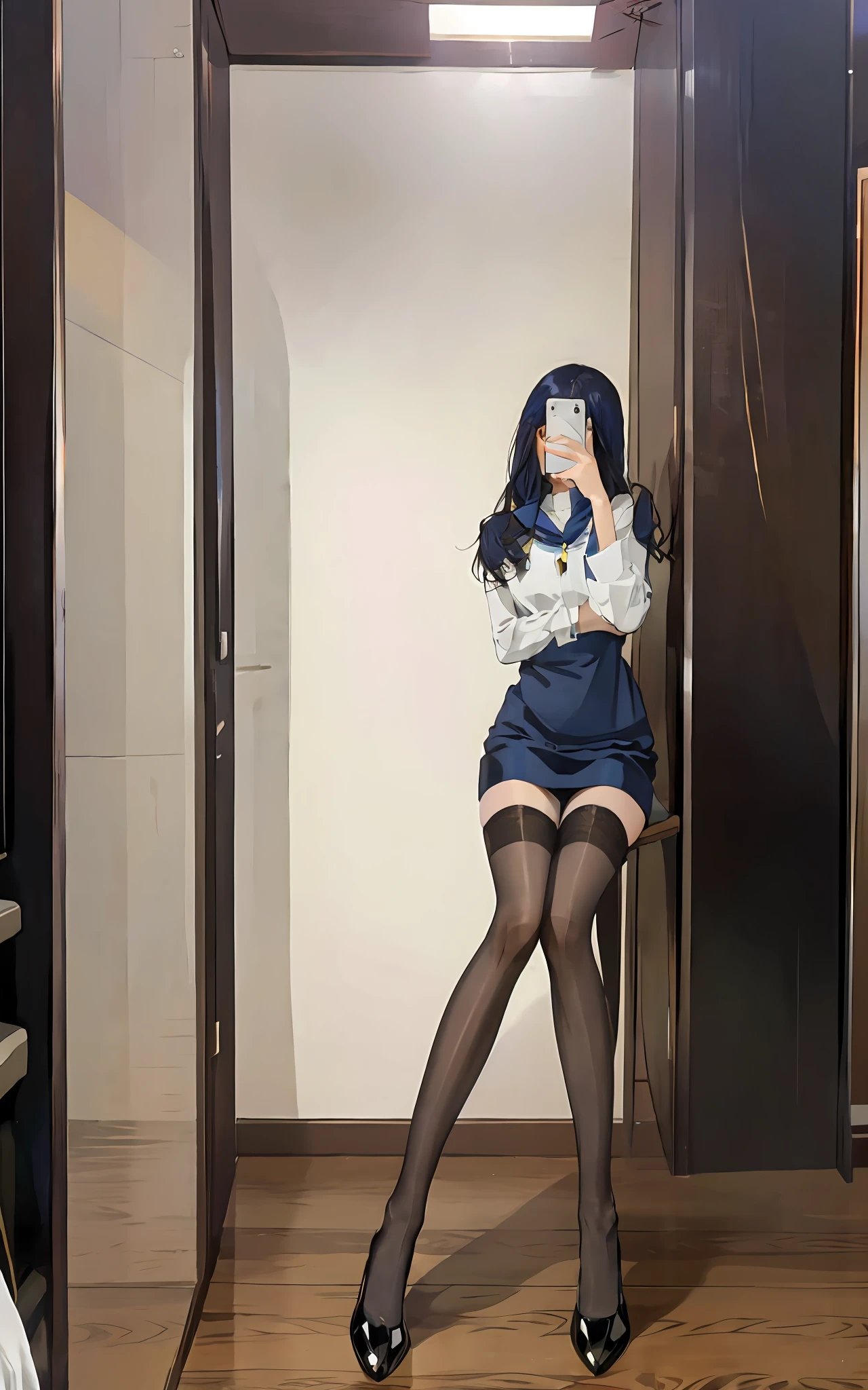 (RAW photo, best quality), (realistic, photo-realistic:1.4),
masterpiece, extremely delicate and beautiful,Amazing, finely detail, extremely detailed CG unity 8k wallpaper, huge filesize, ultra-detailed, highres, absurdres, soft light,rim light, vibrant details,
((perfect hand:1.2)), 
Take a selfie with phone in one hand and cover face,
1girl,very slim legs, very thin legs, very slender legs, long legs, very detailed legs, 
[standing|on chair|sitting|butterfly sitting],
[stockings|pantyhose|thighhighs|kneehighs], 
iphone, selfie, pose,small hand, purple eyes, 
p_m_s, hinata/(boruto/), long hair, dark blue hair, blunt bangs