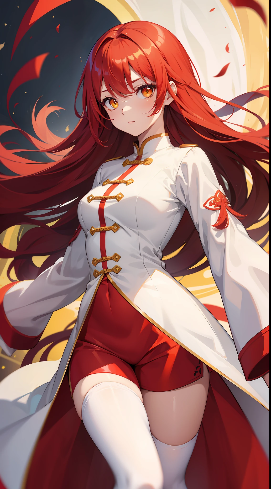 Young girl, long red hair, yellow eyes, white and red Chinese dress, tight dress, tight sleeves, tights, shorts, Chinese sword, masterpiece, high quality