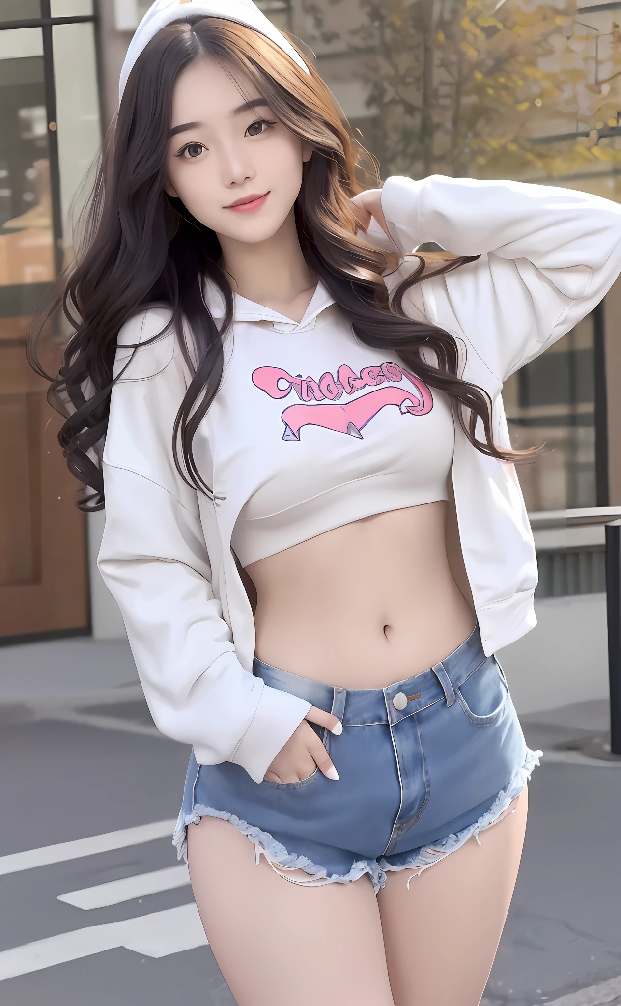 Realism, 8k, 1girl, long wavy curls, pale skin (Chinese beauty), (smiling) young beauty, thick eyebrows, ((D cups)), hoodie ((good figure)), (tight) denim shorts (light denim shorts), small waist, wide thighs, standing one thigh up, wide thigh gap, legs apart