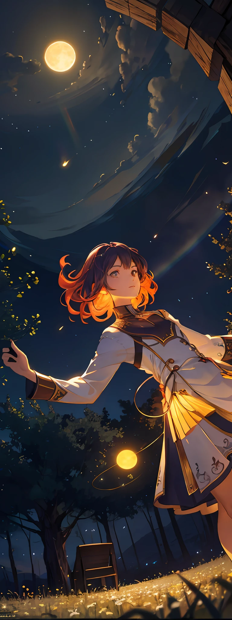 Vast landscape photo, (viewed from below, the sky is above and the open field is below), a girl standing on a flower field looking up, (full moon: 1.2), (meteor: 0.9), (nebula: 1.3), distant mountains , Trees BREAK Crafting Art, (Warm Light: 1.2), (Fireflies: 1.2), Lights, Lots of Purple and Orange, Intricate Details, Volumetric Lighting, Realism BREAK (Masterpiece: 1.2), (Best Quality), 4k, Ultra-Detailed, (Dynamic Composition: 1.4), Very Detailed, Colorful Details, (Rainbow Colors: 1.2), (Glow Lighting, Atmospheric Lighting), Dreamy, Magical, (Solo: 1.2)