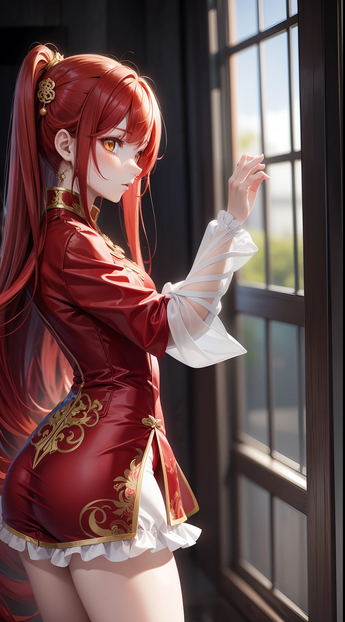Young girl, long red hair, yellow eyes, white and red Chinese dress, tight dress, tight sleeves, tights, shorts, Chinese sword, masterpiece, high quality