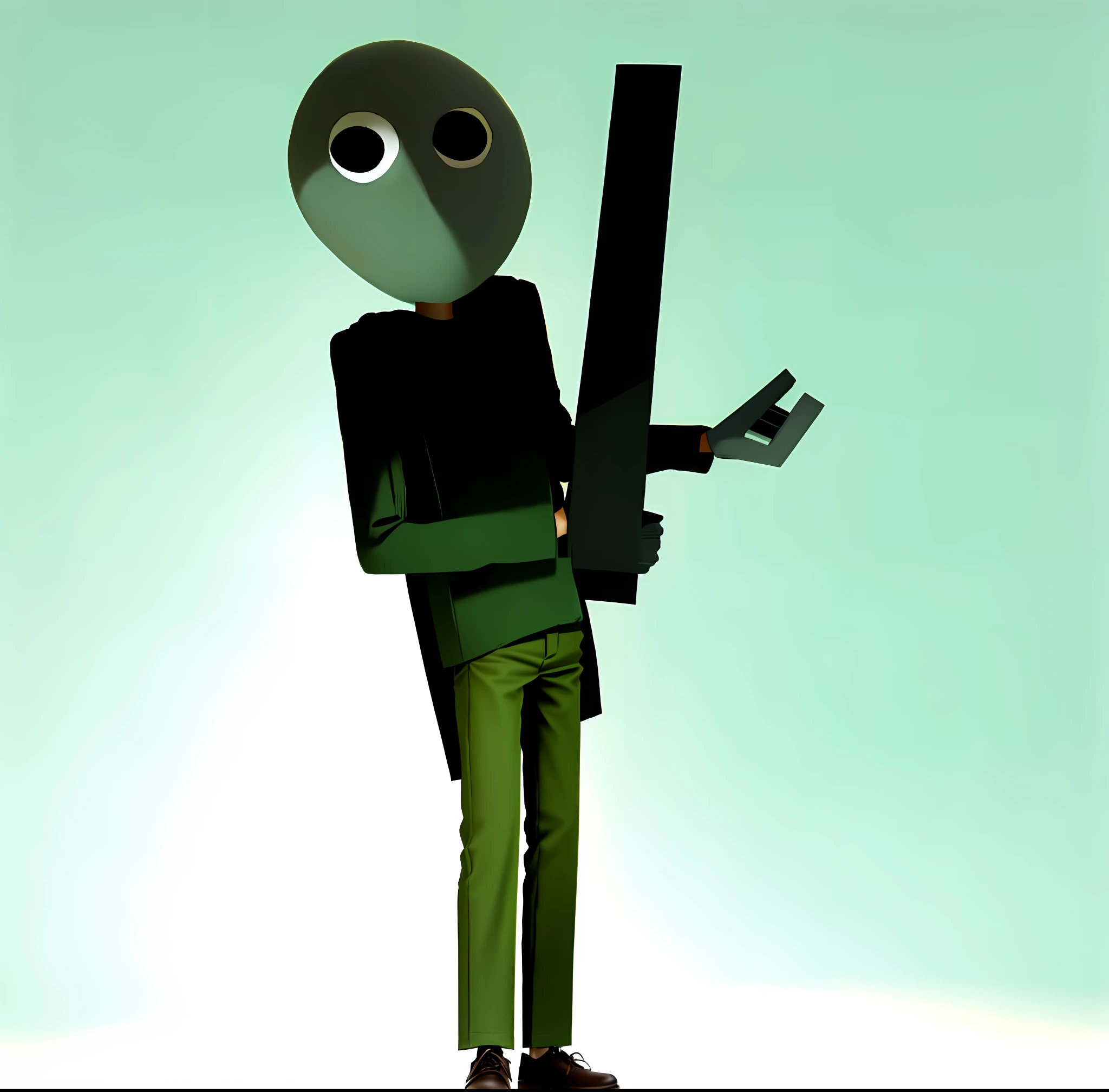 Cartoon Man holding a ruler and a ruler in his hand, tall and skinny skinny, tall man, tall and thin, thin boy with a pale upper body avatar,, tall thin, thick stick figure,  very tall, tall and short, 3D animated, 3D animated, tall and thin,  blue pants, Baldi's basics, bald with only one hair on the head, brown shoe, green sweater