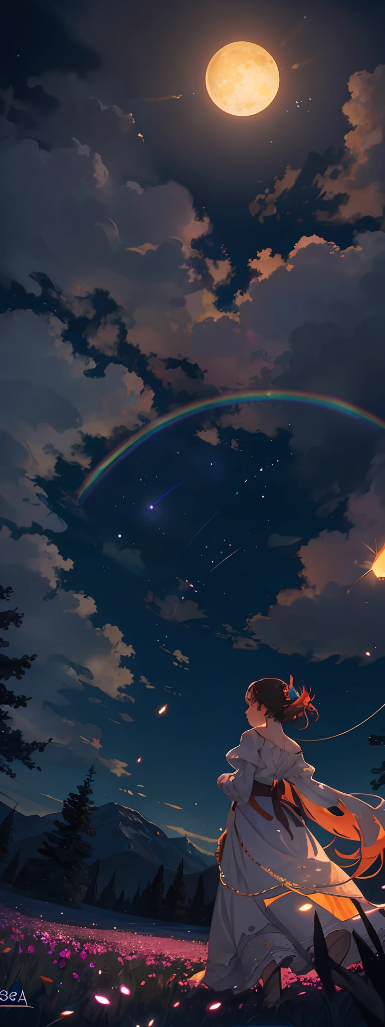 Vast landscape photo, (viewed from below, the sky is above and the open field is below), a girl standing on a flower field looking up, (full moon: 1.2), (meteor: 0.9), (nebula: 1.3), distant mountains , Trees BREAK Crafting Art, (Warm Light: 1.2), (Fireflies: 1.2), Lights, Lots of Purple and Orange, Intricate Details, Volumetric Lighting, Realism BREAK (Masterpiece: 1.2), (Best Quality), 4k, Ultra-Detailed, (Dynamic Composition: 1.4), Very Detailed, Colorful Details, (Rainbow Colors: 1.2), (Glow Lighting, Atmospheric Lighting), Dreamy, Magical, (Solo: 1.2)