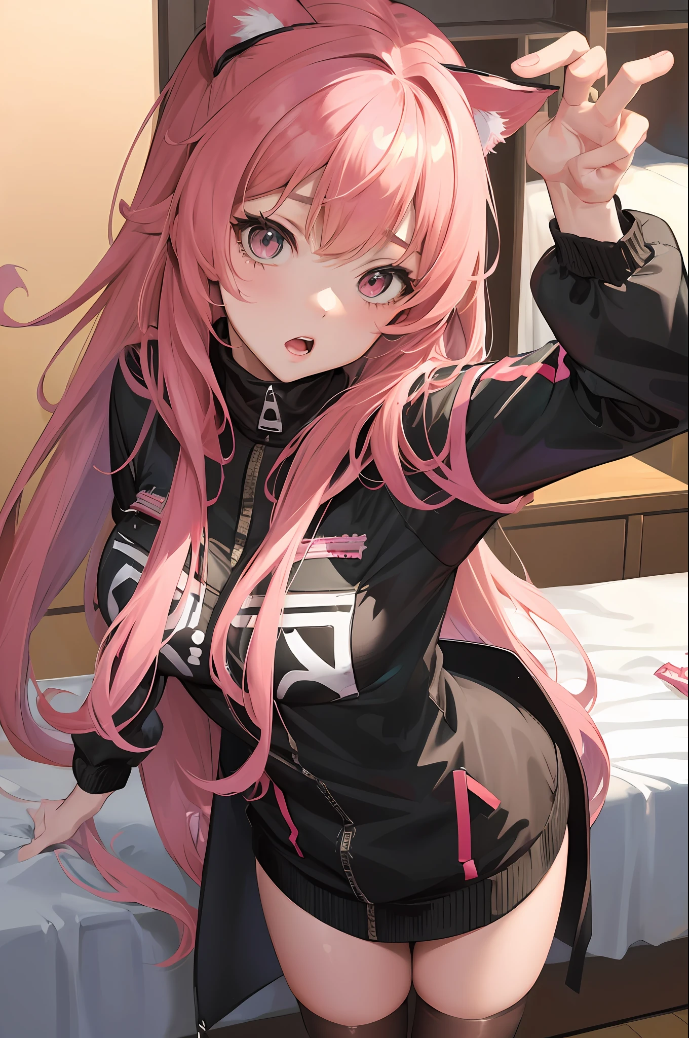 Best quality, masterpiece, super detailed details, anime beautiful girl standing on bed, short pink hair, cat ears on her head, wearing Japanese tracksuit, ((surprised expression)), from Girl Front, Girl Front style, exquisite details. Girl Front, Trend in CGSTATION, Kantai Collection Style, Gutiz Style Artwork, Gooditz, Trend in CGSTATION, Surreal Schoolgirl, Azure Lane Style, Girl Frontline CG, Seductive Anime Girl