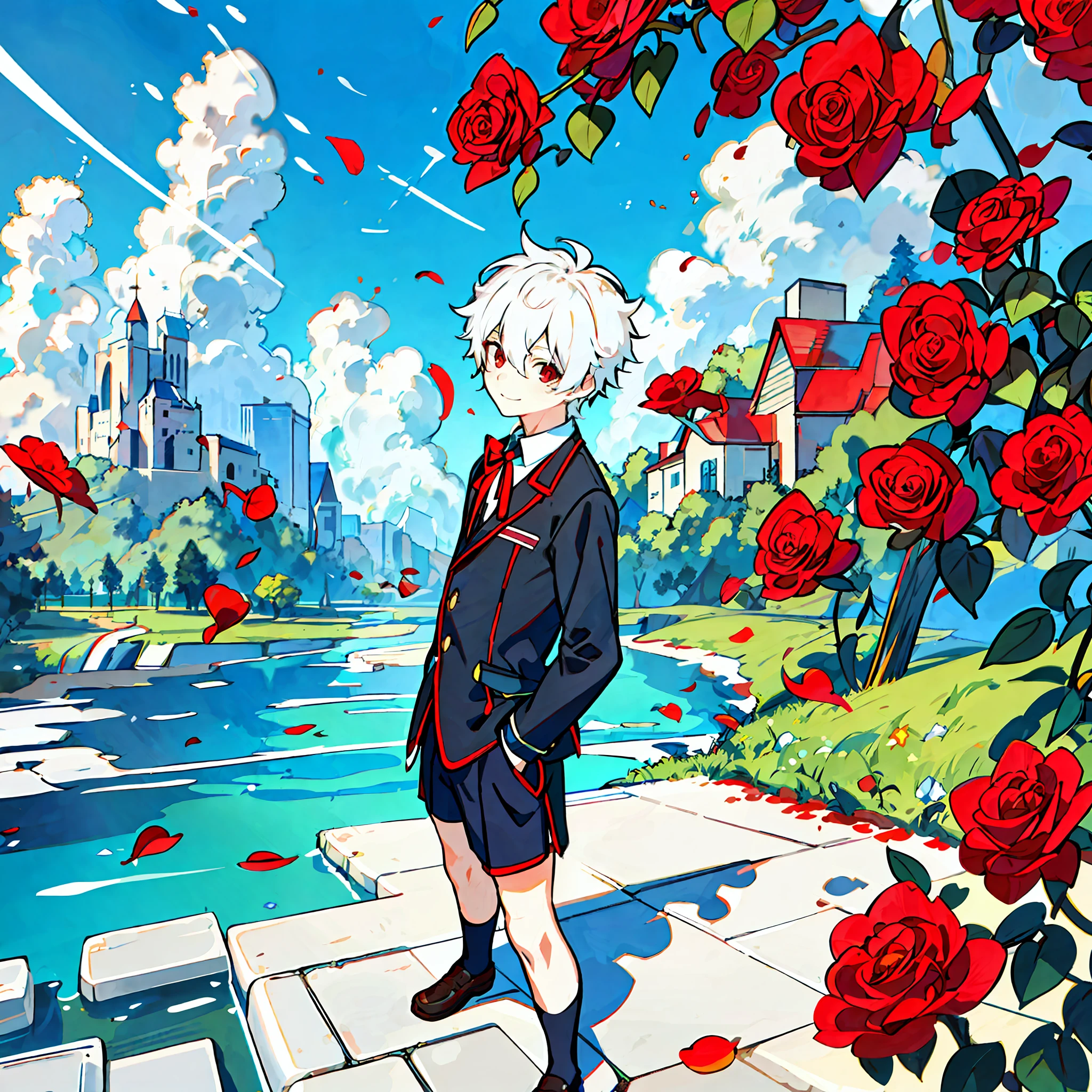 (high-quality, breathtaking),(expressive eyes, perfect face), short, young boy, short white hair, red eyes, smiling, black school uniform, wear short shorts, urban setting, sunshine, blue sky, shine, glow, red roses.