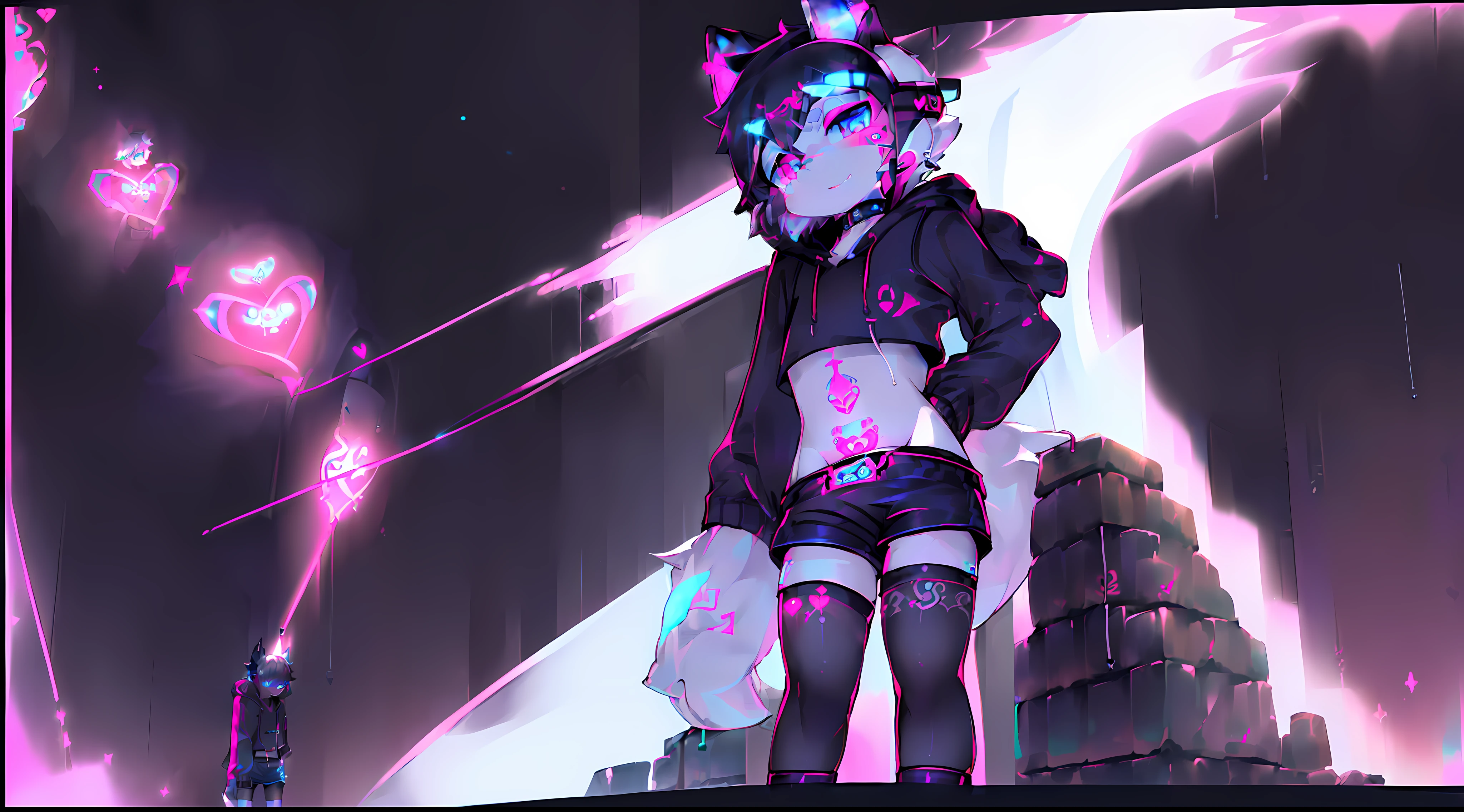 Black Fox, ((Black body, White Body:1.5)), (((masterpiece))), collar, (Dragon Wings:1.45), (headphones:1.4), short hair, black hair, blush, (headphones:1.55), ((Thigh High Socks, Femboy Clothing, Femboy Thigh Highs:1.2)), ((a blue eyes, a pink eyes:1.55)), (((Femboy))), full body, ((womb tattoo, glowing tattoo:1.52)), ((guy look like women:1.52)), (fox tail:1.52),  Full HD, 8K, ((short pant, Hoodie crop:1.52)), (small breasts:1.25), paw, full moon