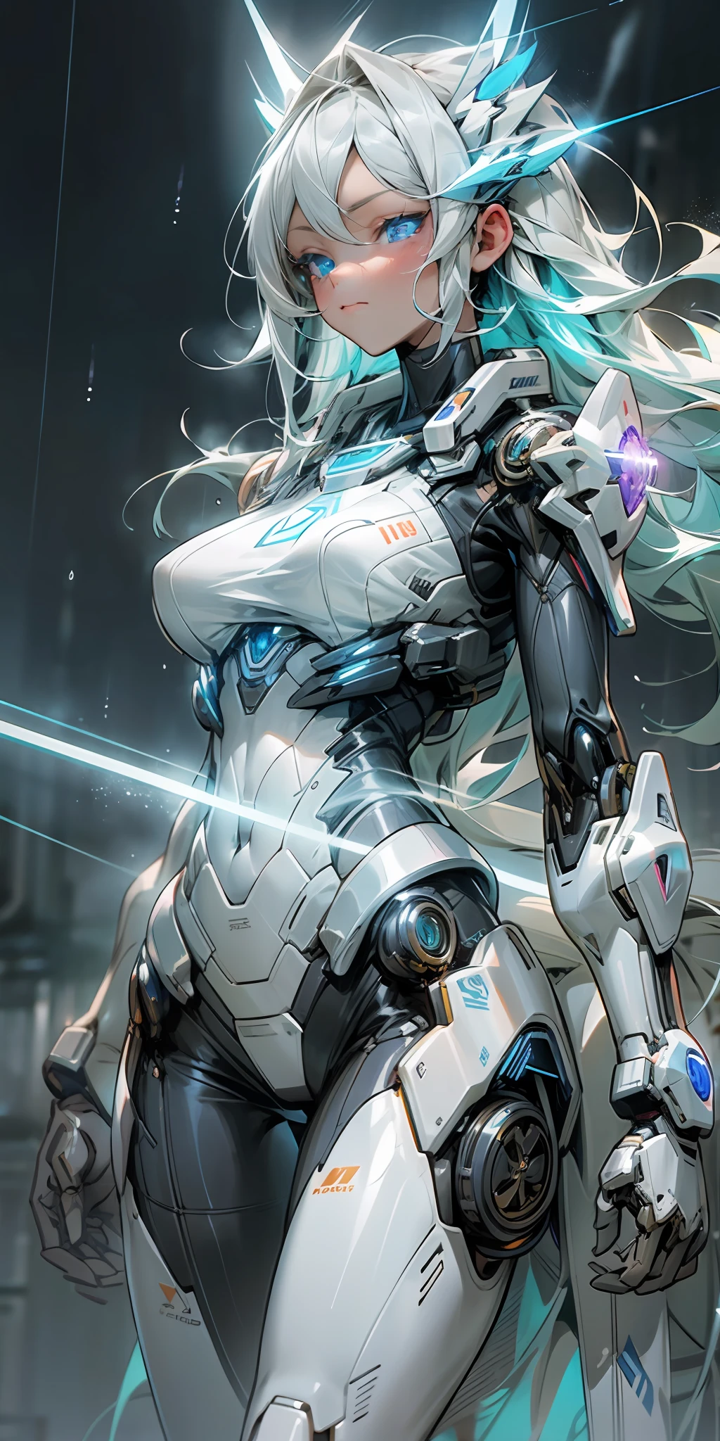 The girl stood in front of the machine, blue eyes, long white hair, thin figure, semi-mechanical body, laser spandex oil shiny shiny shiny glowing lines. Energy light, thunder electric magic, haze rain thunder, raindrops, warm cold light, blue violet light, details, big background.
