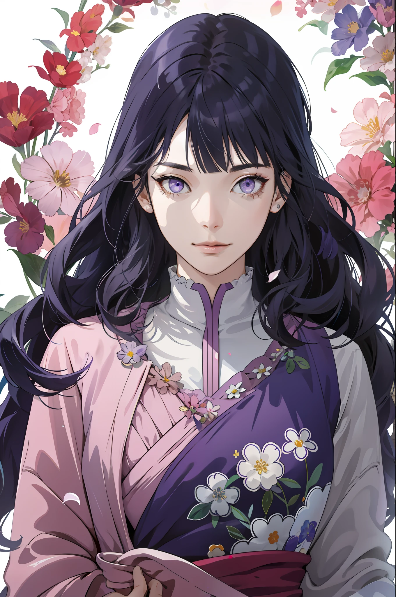 (absurdres, highres, ultra detailed), 1girl, mature female, wavy dark blue hair, long hair, blunt bangs, purple eyes, pink dress, finely detailed eyes and detailed face, extremely detailed CG unity 8k wallpaper, intricate details, BREAK , kaleidoscopic imagery, symmetrical patterns, vibrant colors, geometric shapes, mesmerizing designs, optical illusions, dynamic composition BREAK , pantomime art, expressive body language, silent storytelling, evocative gestures, visual narratives, theatrical performances BREAK , blooming flowers, colorful petals, fragrant scents, nature's bounty, vibrant gardens, peaceful scenery