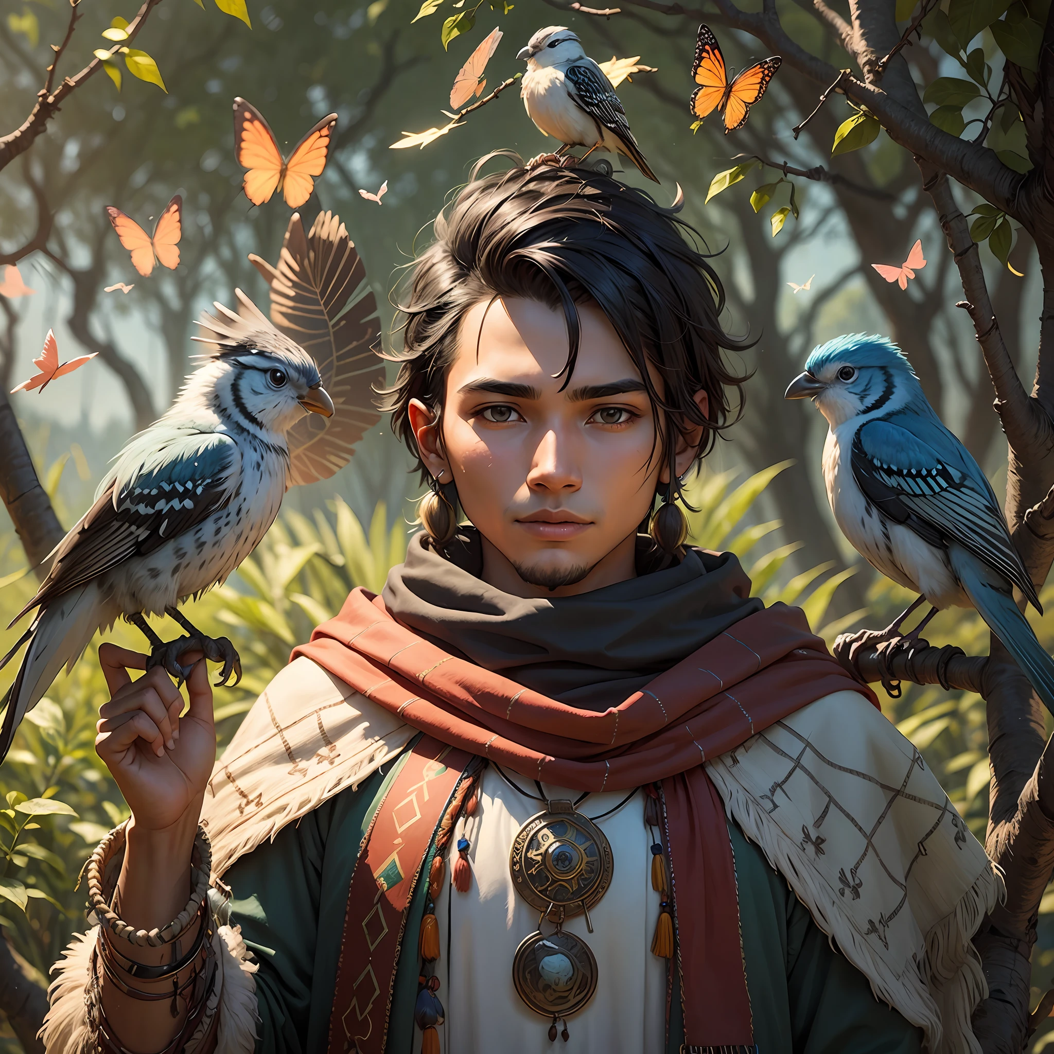 A young indigenous man as a druid magician, wild clothes, bird perched on his shoulder, butterflies flying --auto --s2