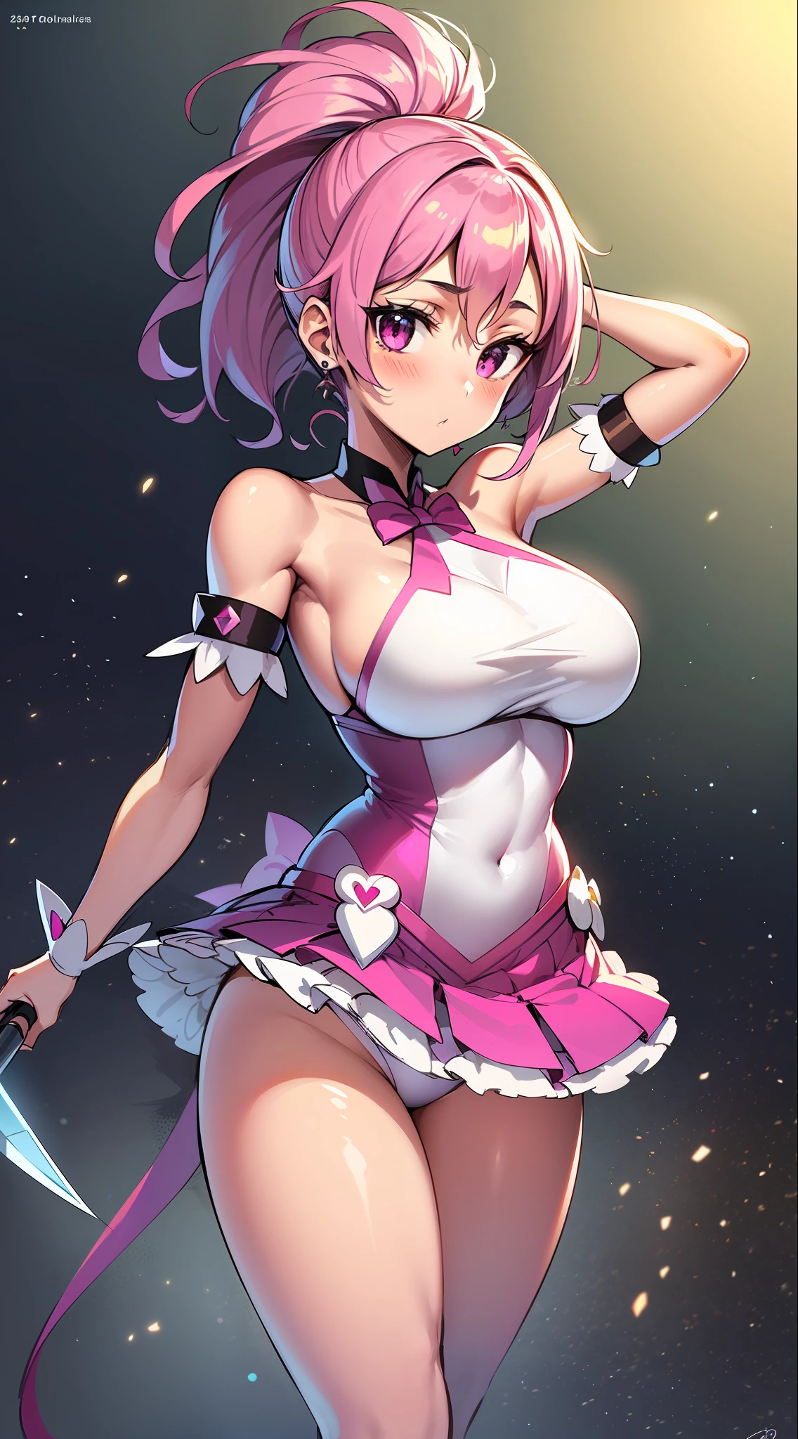 (HD, Sharp, Fractal), Single Woman, Super Glossy Skin, Magical Girl, 25 years old, Leotard, Mini Skirt,Big, Magenta pink and white outfit