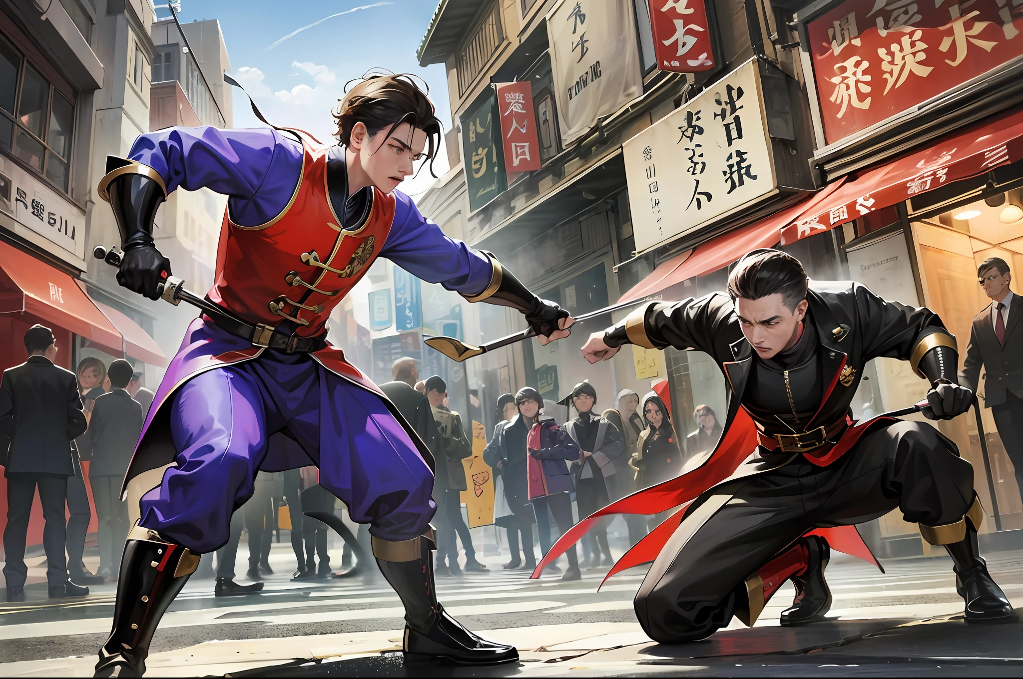 Create a scene and in the taking of this scene has 2 men fighting add background a city in the characteristics of Chinatown this fight scene the man on the left is applying a death blow to the man on the right the man on the right reacts with pain fear and terror, please ( the spectators who will be on the set can not interfere in the main scene ) put high realism the amazing textures vivid colors a great striking contrast of realism I want as inspiration, you use a scene from the movie ( the Grandmaster ) body fighting action scene without weapons, where it is the apex someone had extracted a print (feeling that has to cause pure realism!) --auto --s2