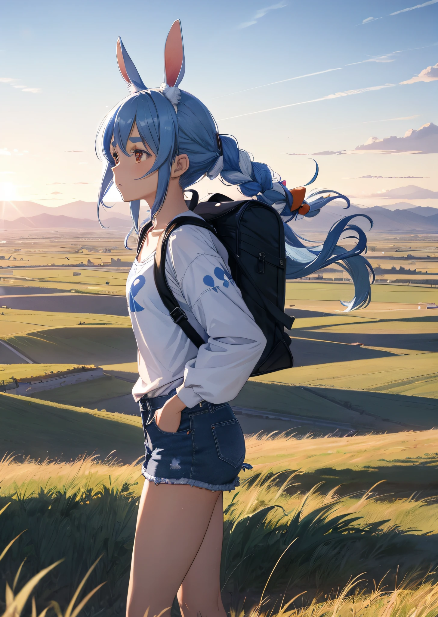 (人物: Usada Pekora), bunny girl, blue hair, twin braids, a girl, solo, The vast sky, beautiful skyline, large grasslands, extremely tense and dramatic pictures, moving visual effects, high hanging Polaris, colorful natural glare. A girl in a long-sleeved top and denim shorts with a side backpack