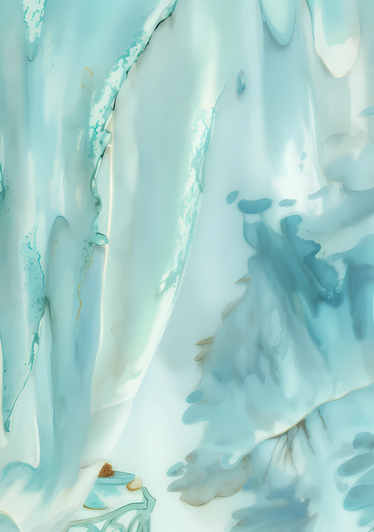 there is a painting of a seaweed and shells on a table, glistening seafoam, flowing aqua silk, flowing teal-colored silk, jelly - like texture, gilded marbled paper background, floating. greenish blue, dynamic pearlescent teal light, aquamarine windows, flat water color texture, alcohol ink art, turquoise, ethereal bubbles, teal aesthetic