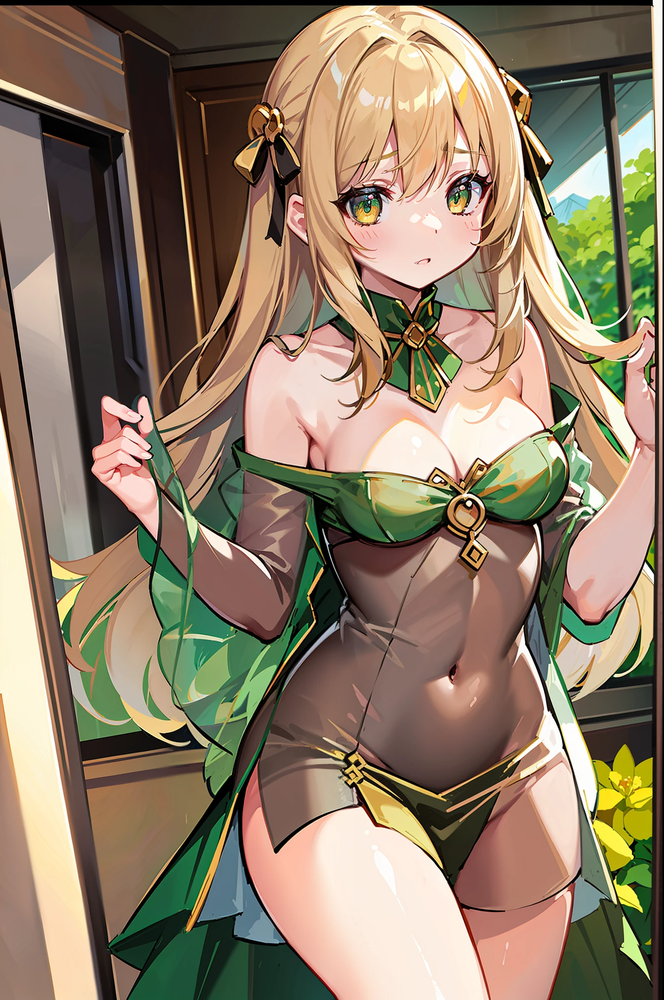 (MASTERPIECE), (Best Quality), (Ultra Detail), Official Art, One Girl, Lori with Pale Golden Hair, Petite Girl, Loli, Green and Gold and Silver See-Through Dress, Sleeveless, Off Shoulder, Small, Small Breasts, Cleavage, Underboob, Thigh Focus, Navel Out, Card Illustration, Deep Forest