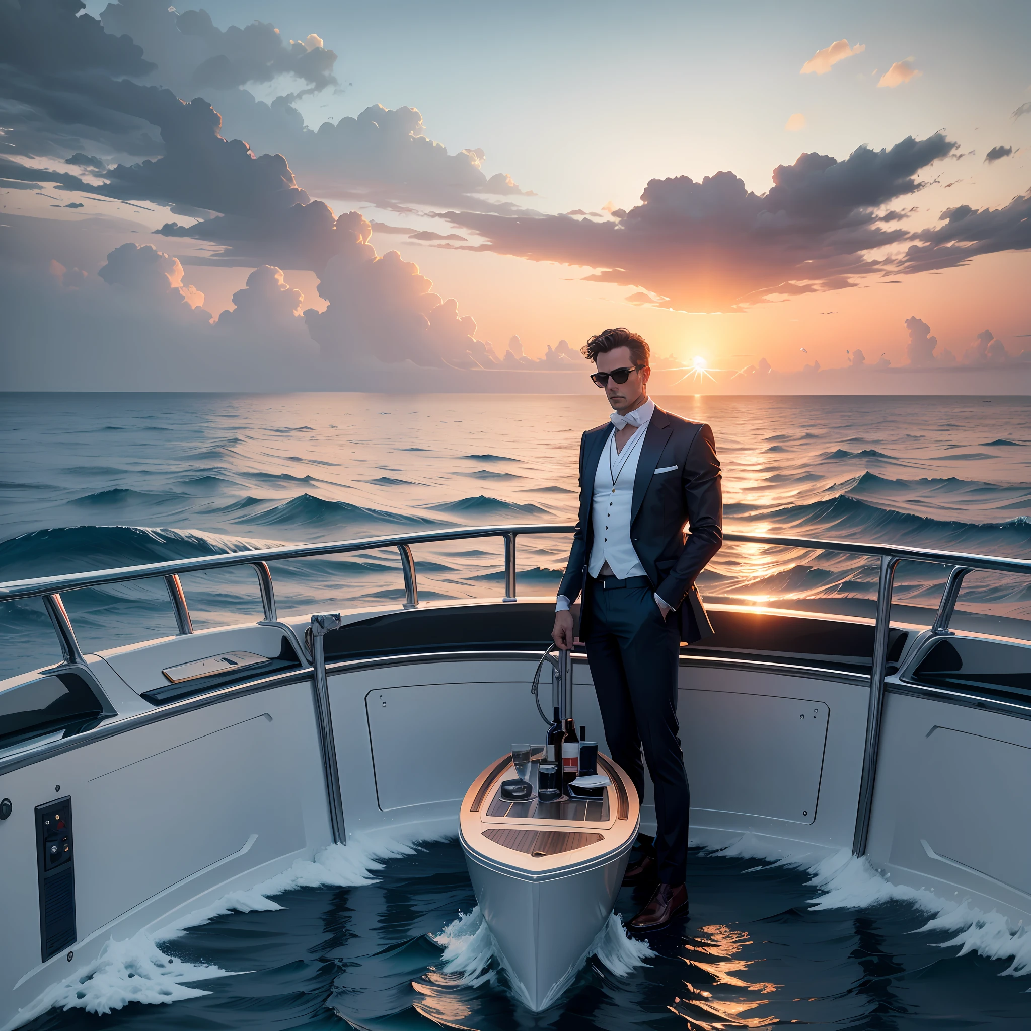 A man , standing,on yacht, luxury,,in middle of ocean,sun set , High water waves,rainy & windy weather, --auto --s2
