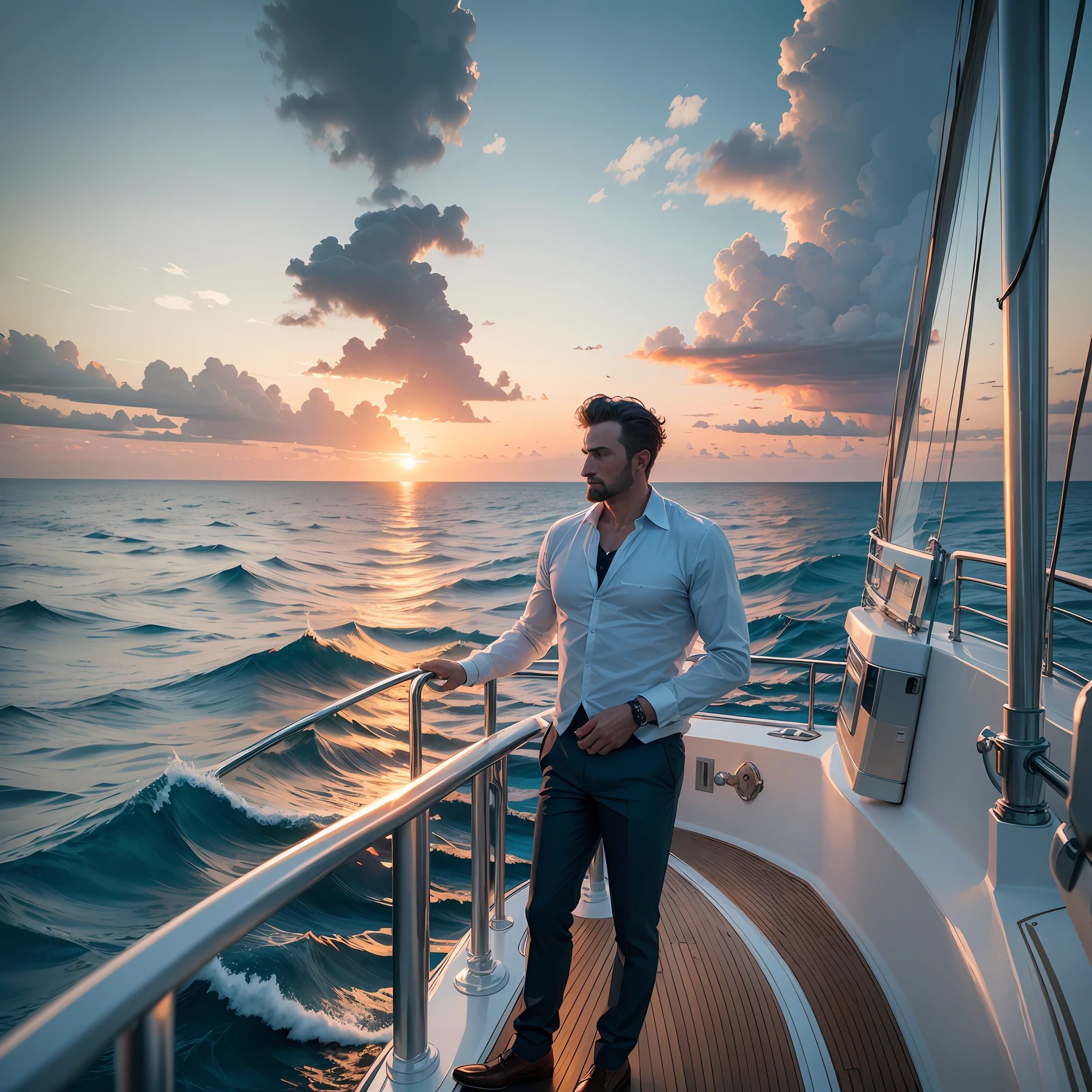 A man , standing,on yacht, luxury,,in middle of ocean,sun set , High water waves,rainy & windy weather, --auto --s2